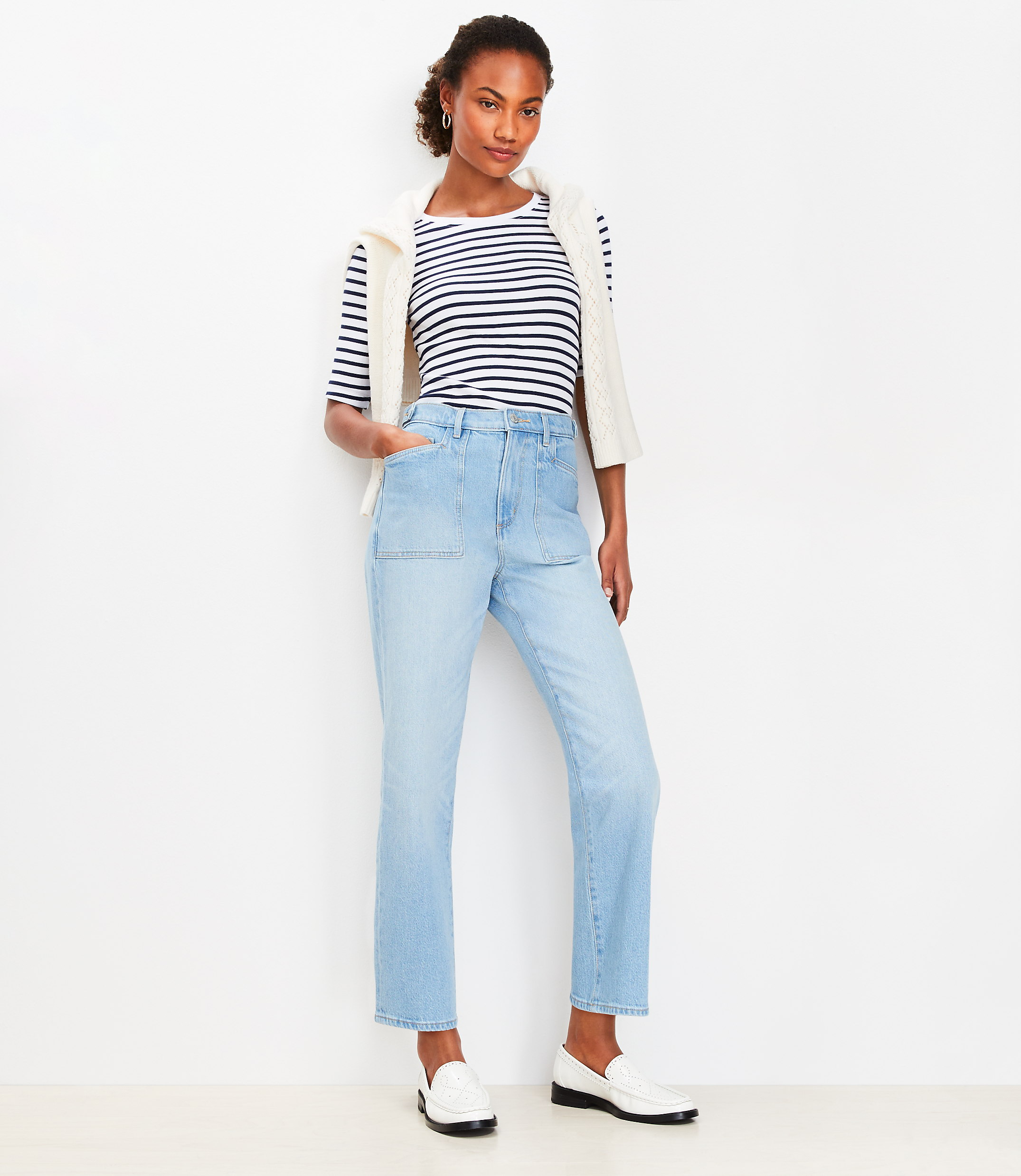 Tab Waist High Rise Straight Jeans in Bright Mid Indigo Wash