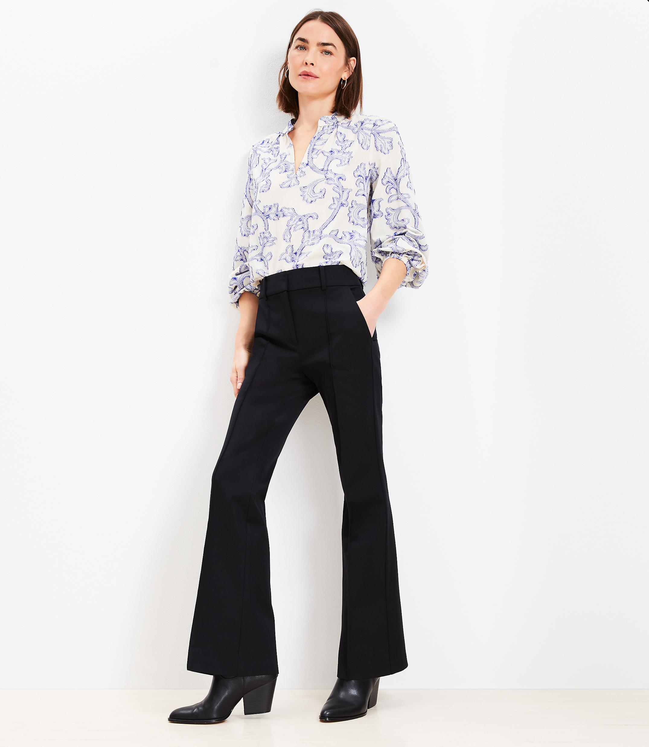Petite Pintucked Sutton Flare Pants in Bi-Stretch