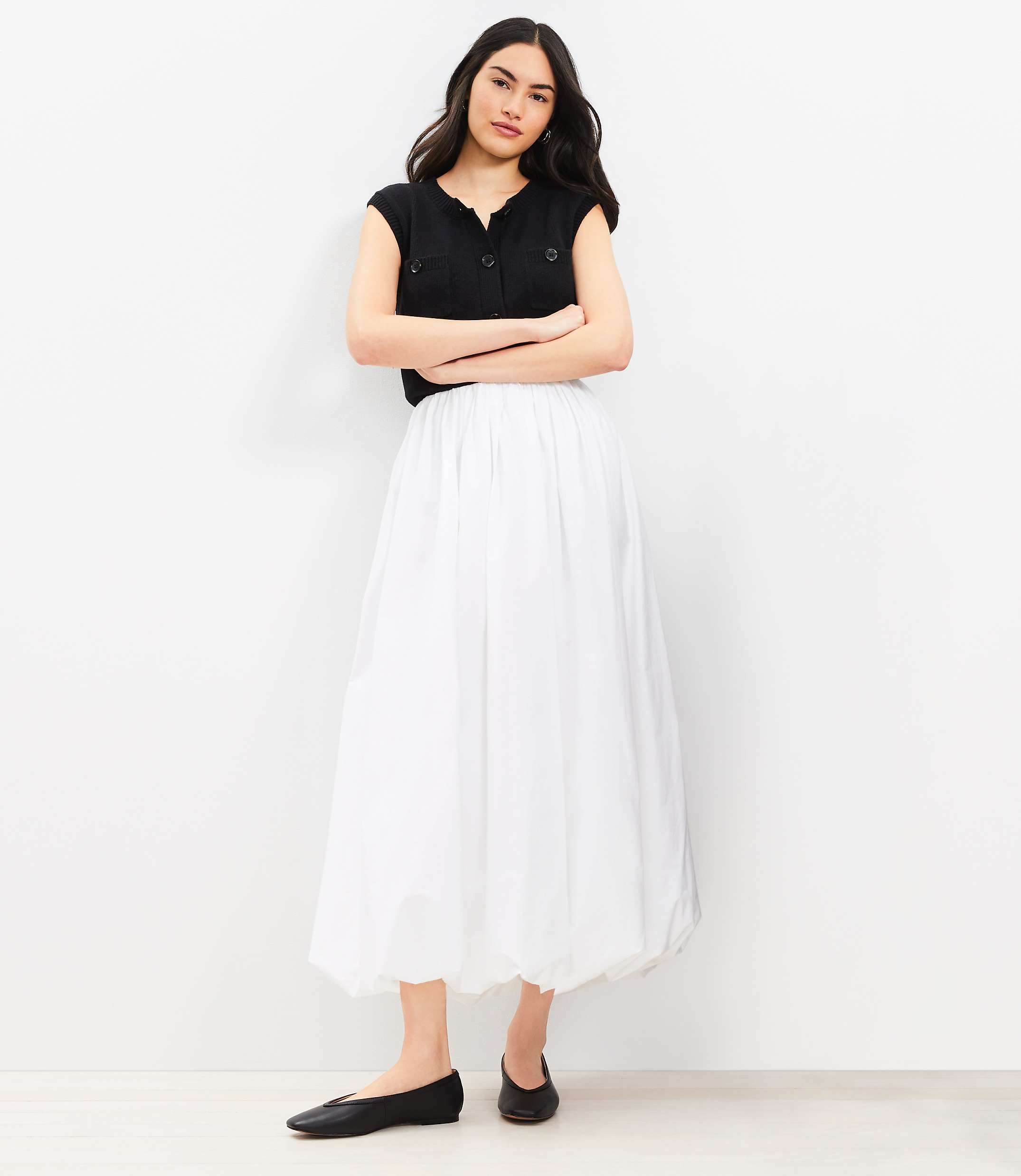 Poplin Ruched Bubble Midi Skirt