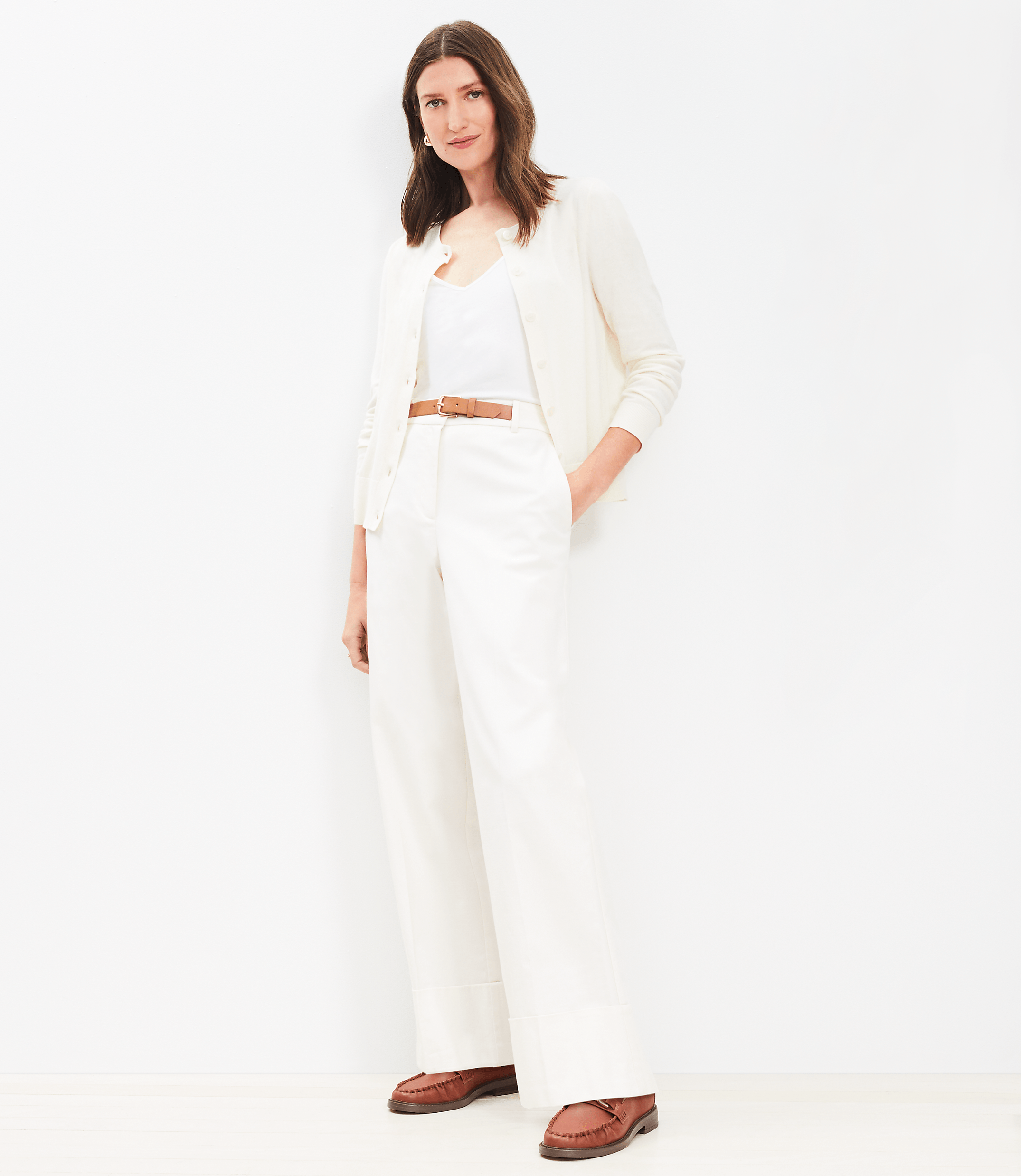 Faux Leather Belted Stovepipe Pants in Twill