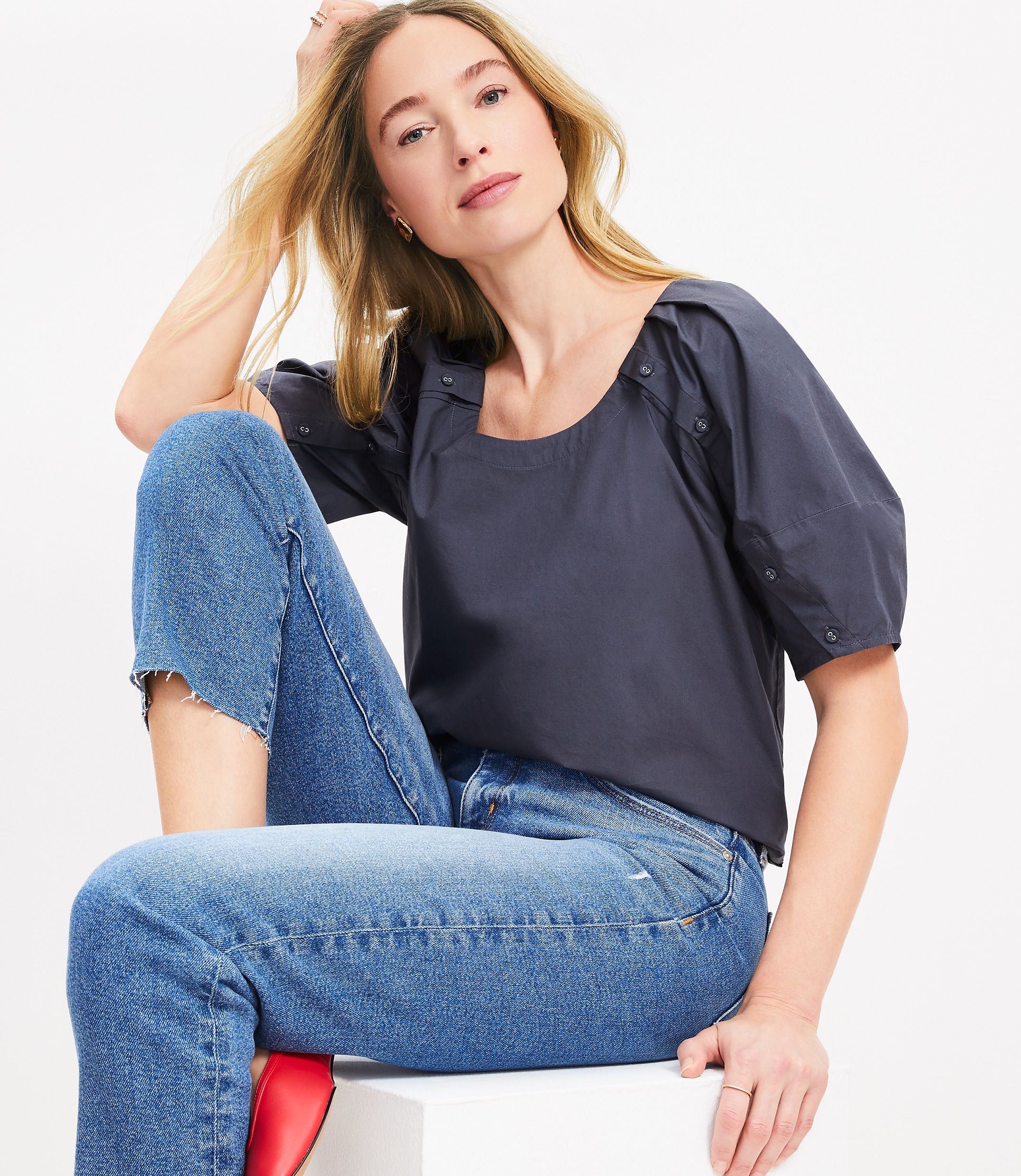 Poplin Button Sleeve Top