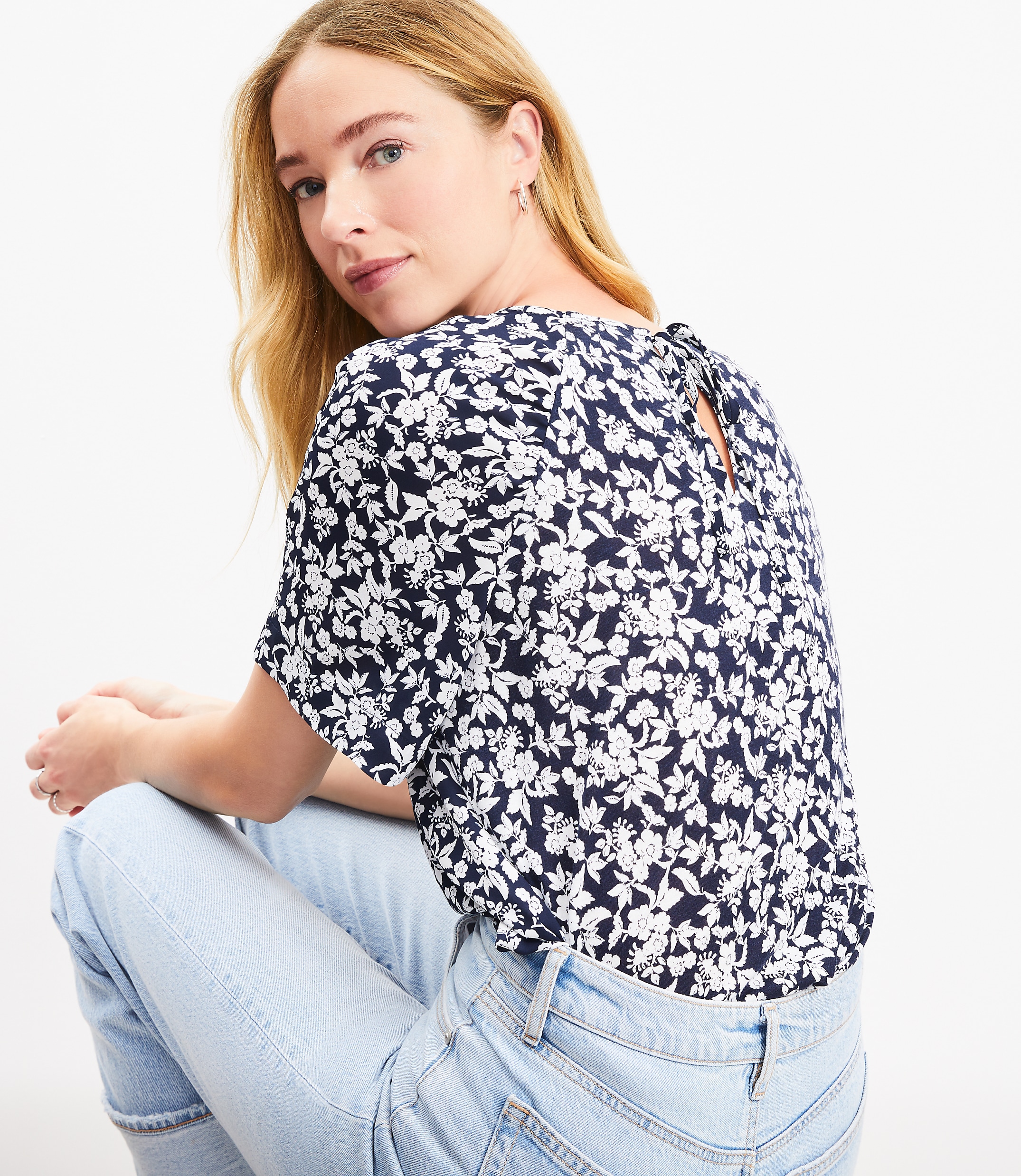 Petite Floral Ruched Raglan Mixed Media Top