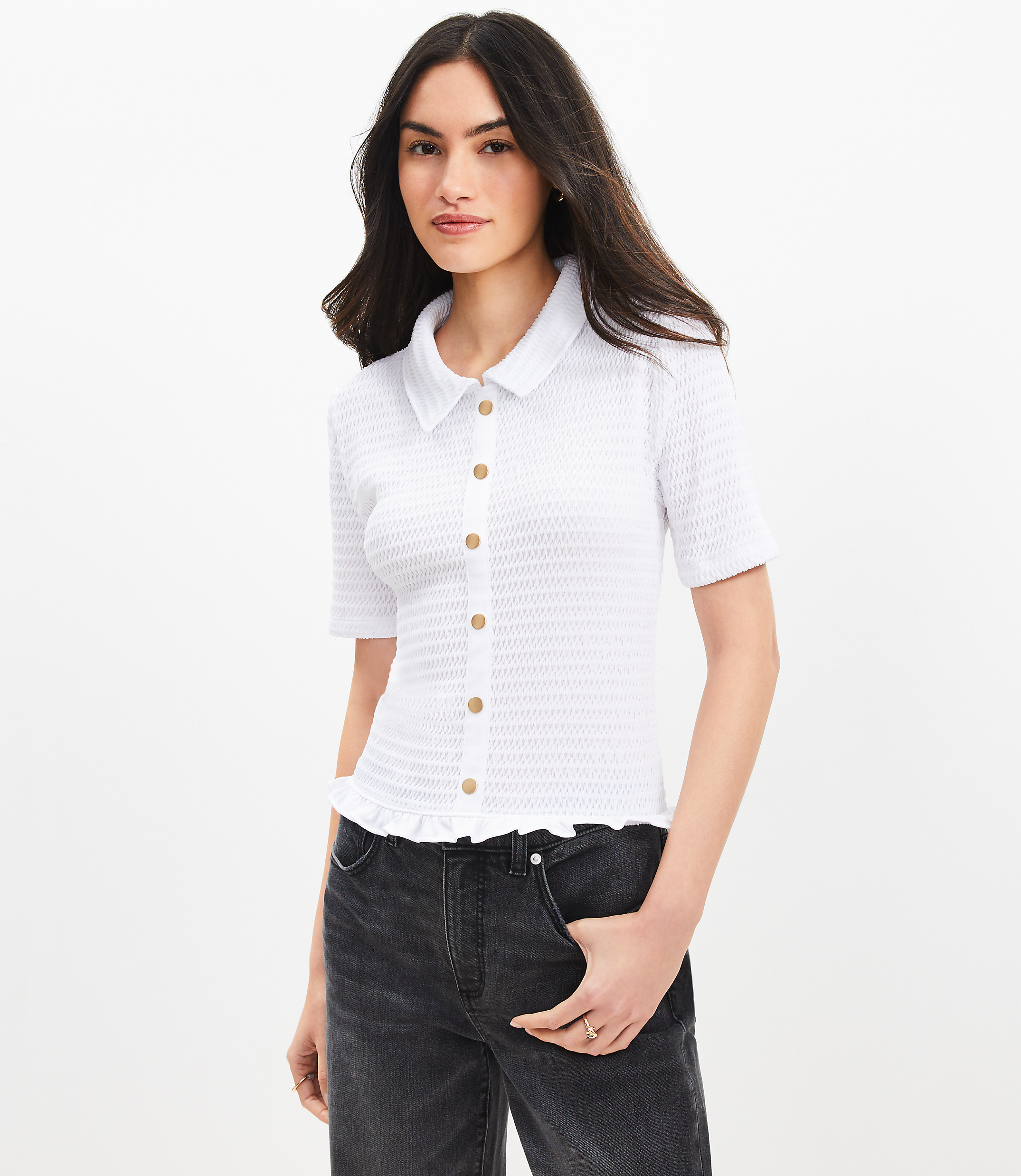 Smocked Ruffle Hem Shirt
