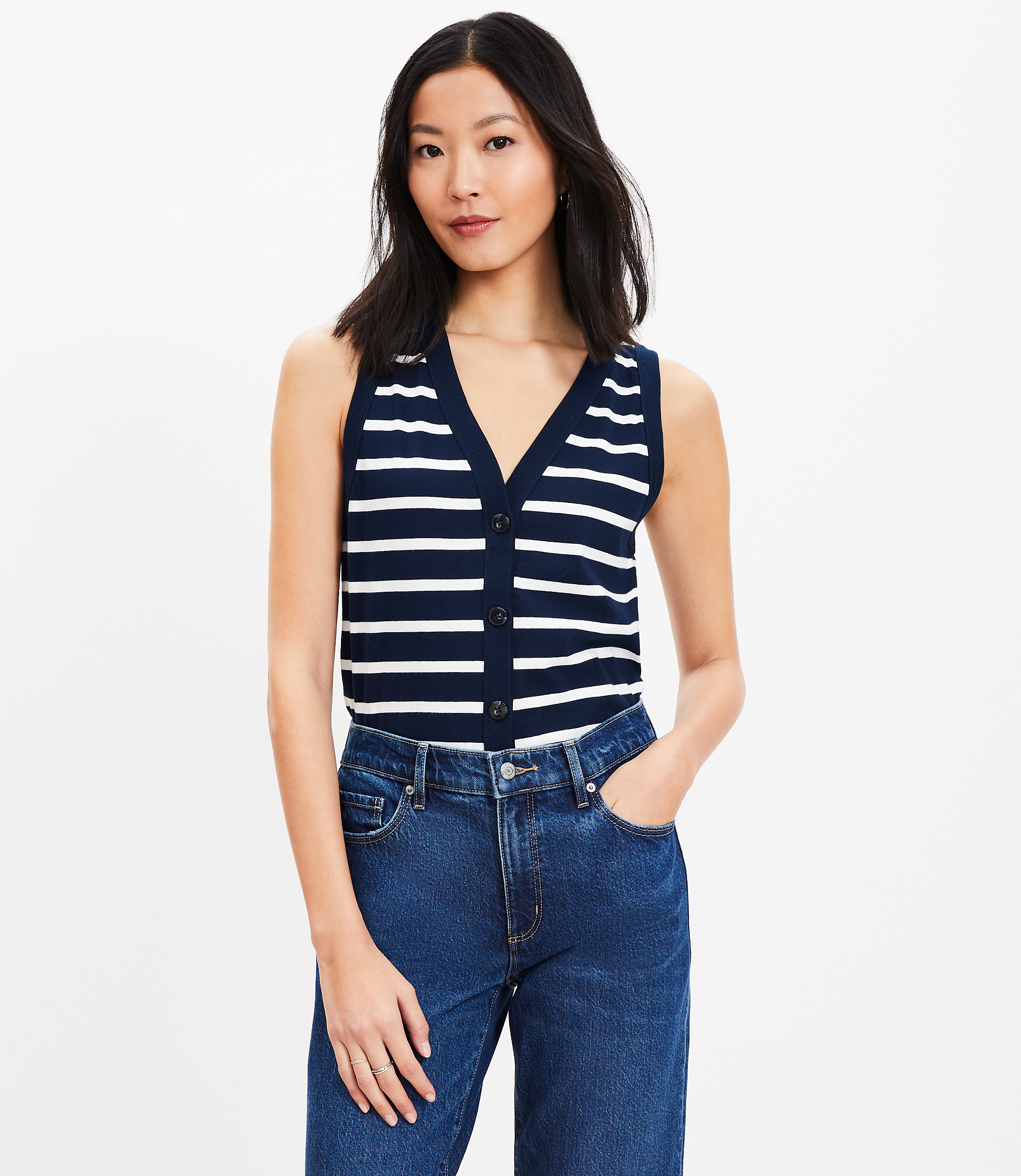 Petite Striped V-Neck Cardigan Tank Top
