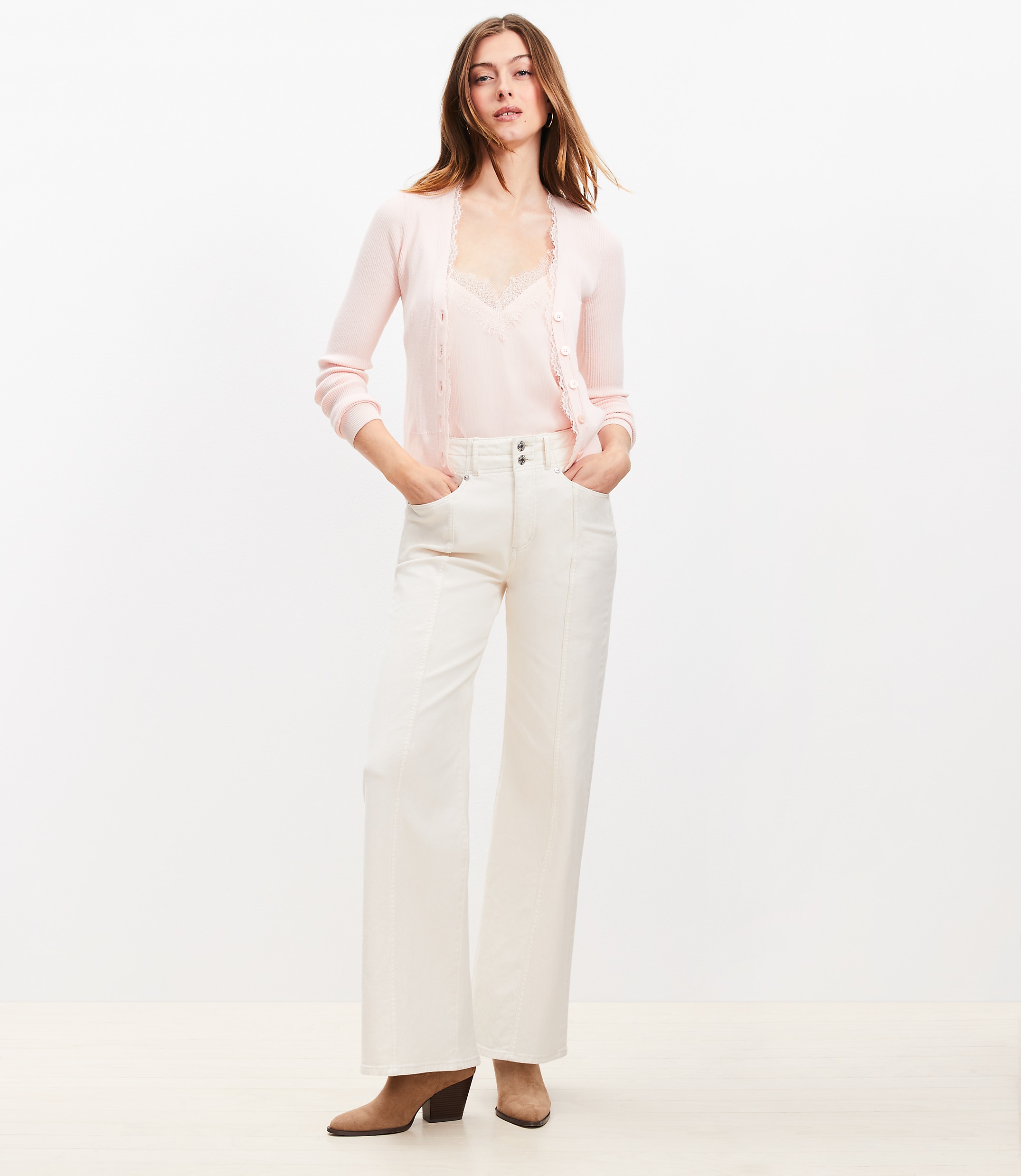 Petite Lace Trim Ribbed V-Neck Cardigan