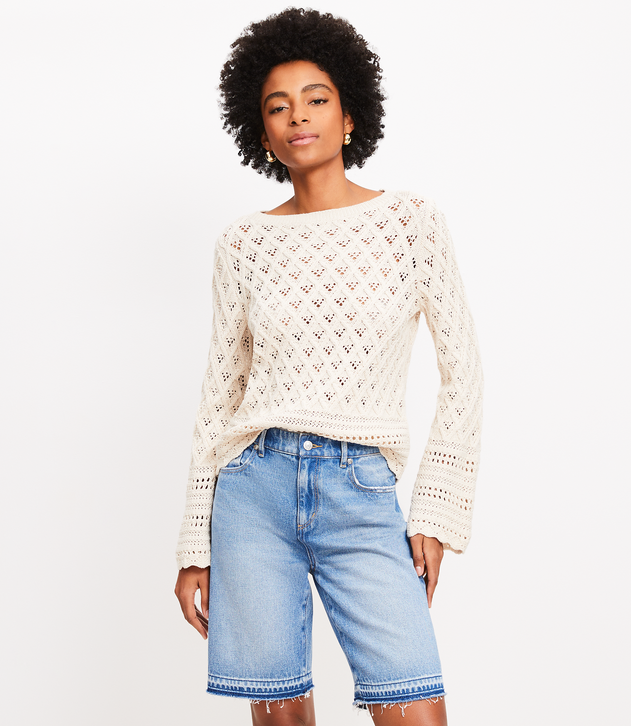 Mixed Pointelle Wide Sleeve Boatneck Sweater