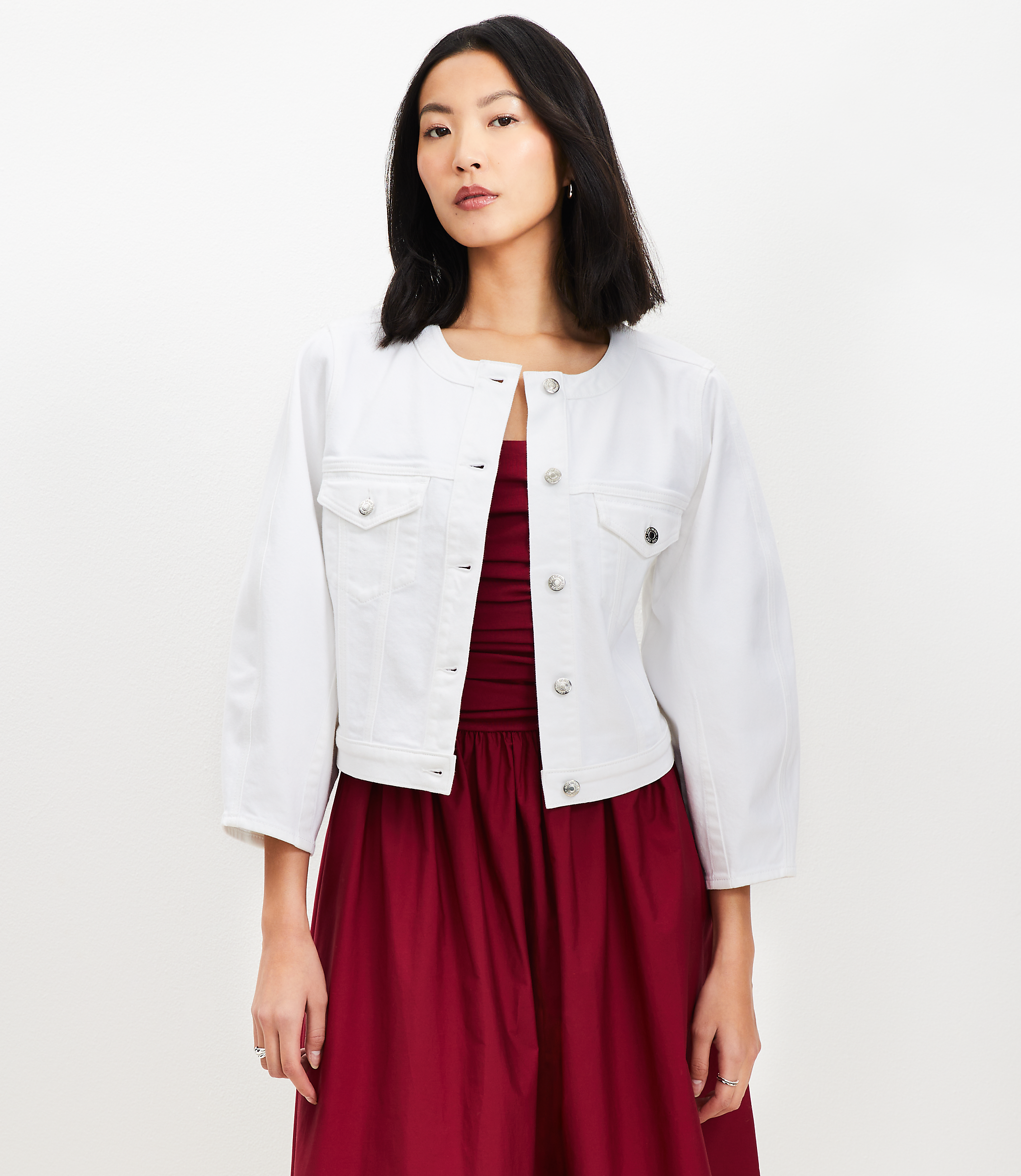 Petite Balloon Sleeve Denim Jacket in White