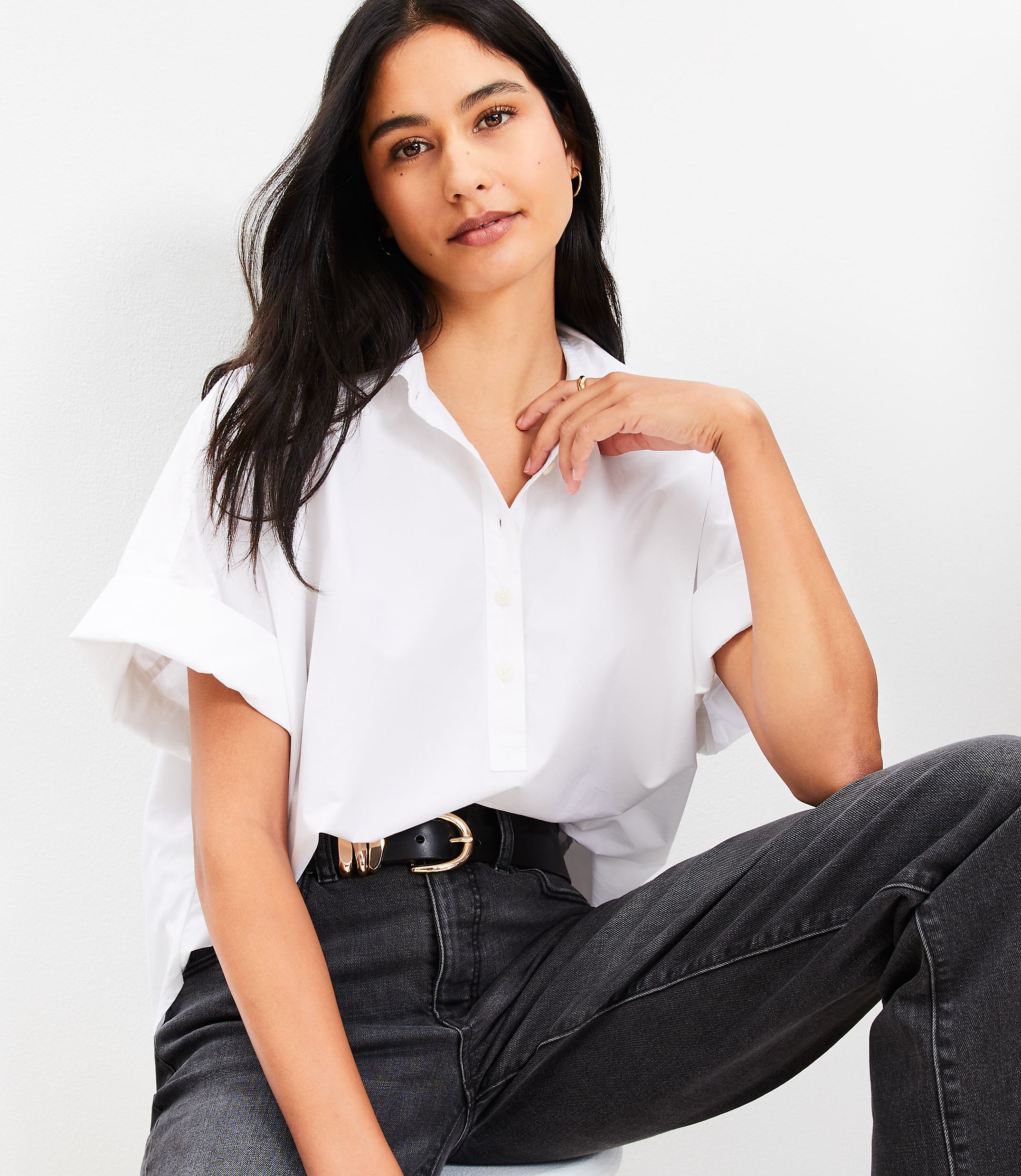 Petite Poplin Henley Dolman Everyday Tunic Shirt