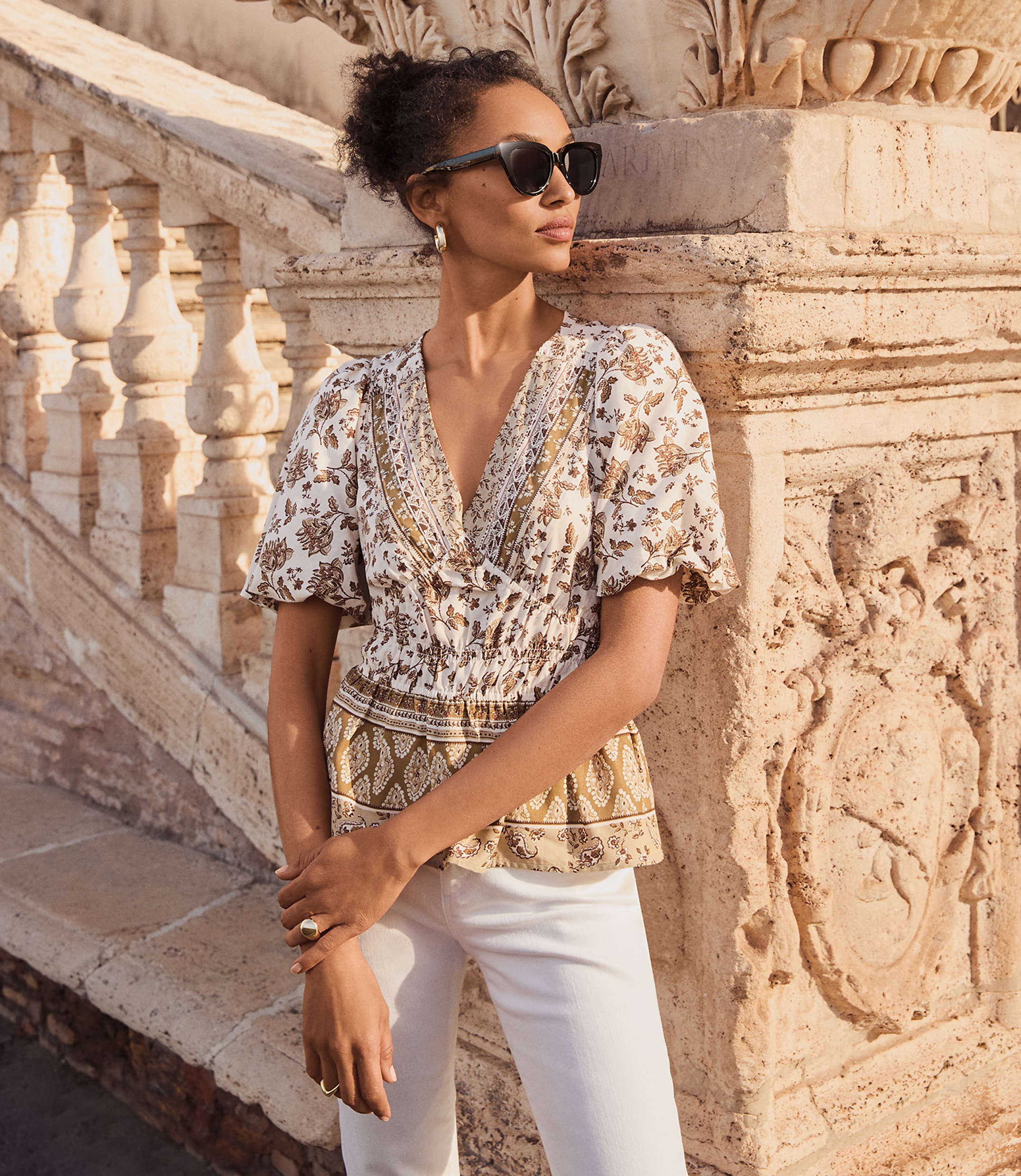 Striped Floral Pintucked V-Neck Peplum Blouse