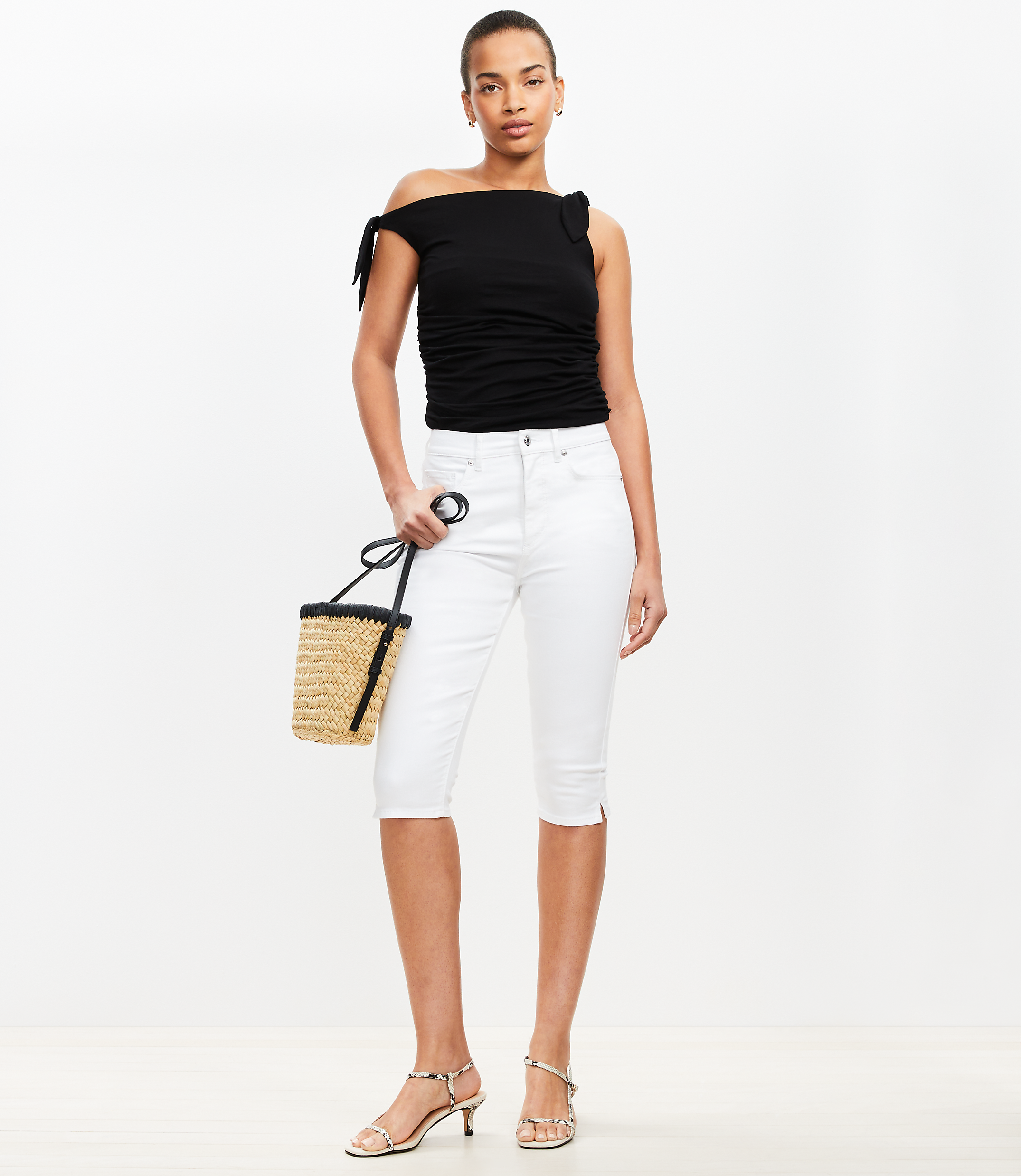 Petite High Rise Denim Capri Pants in White