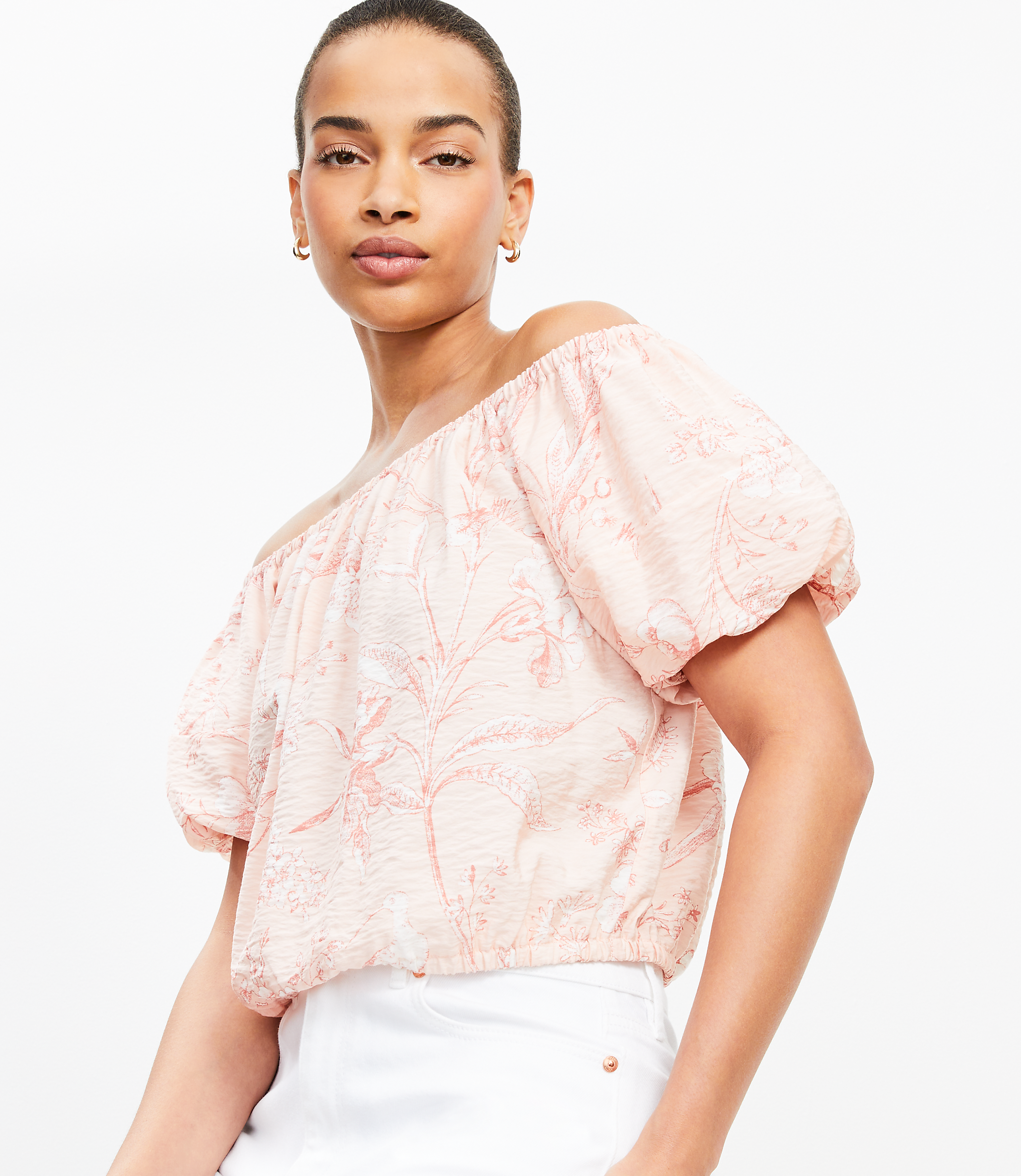 Bird Toile Off The Shoulder Bubble Top