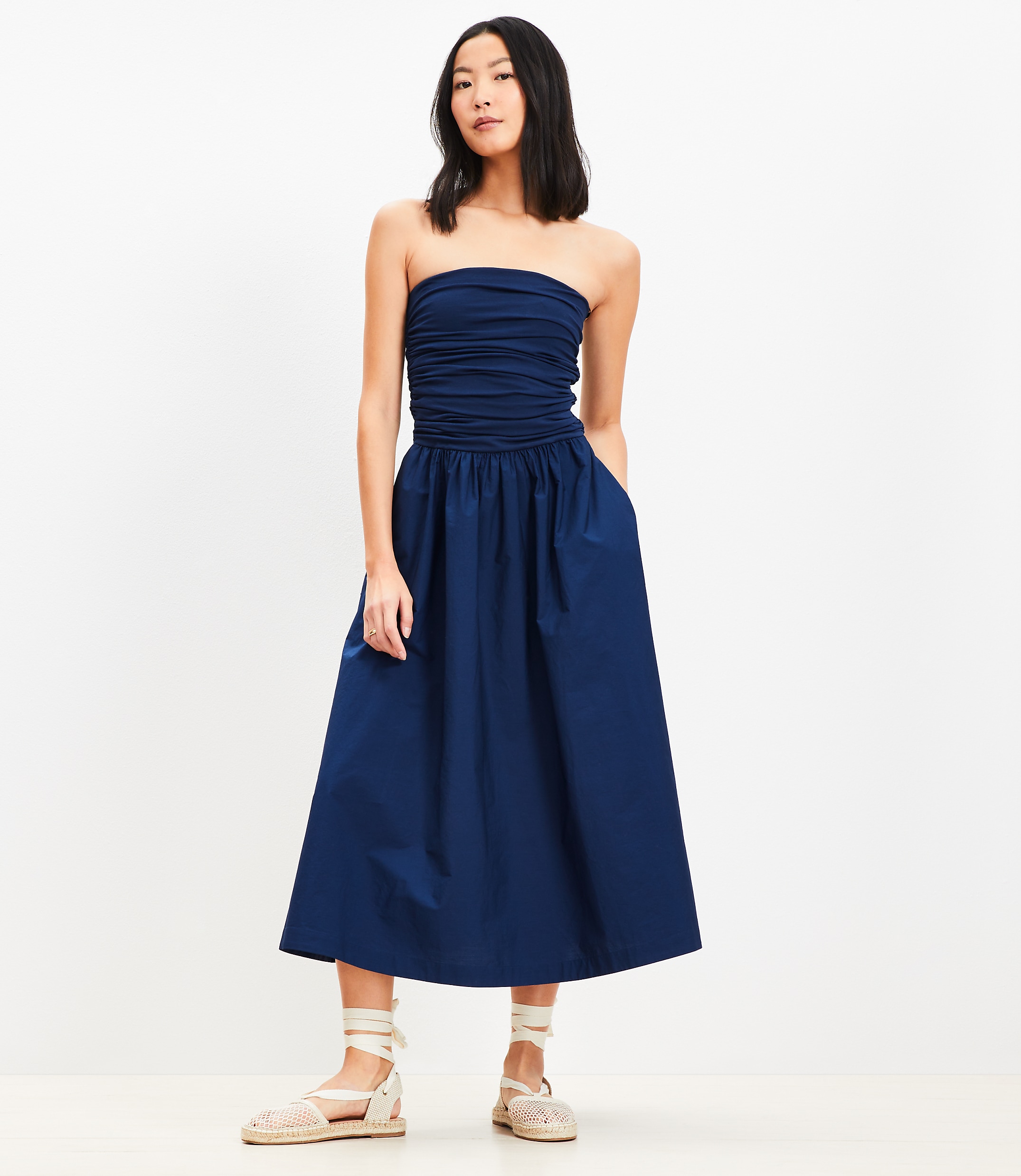 Strapless Poplin Mixed Media Pocket Dress