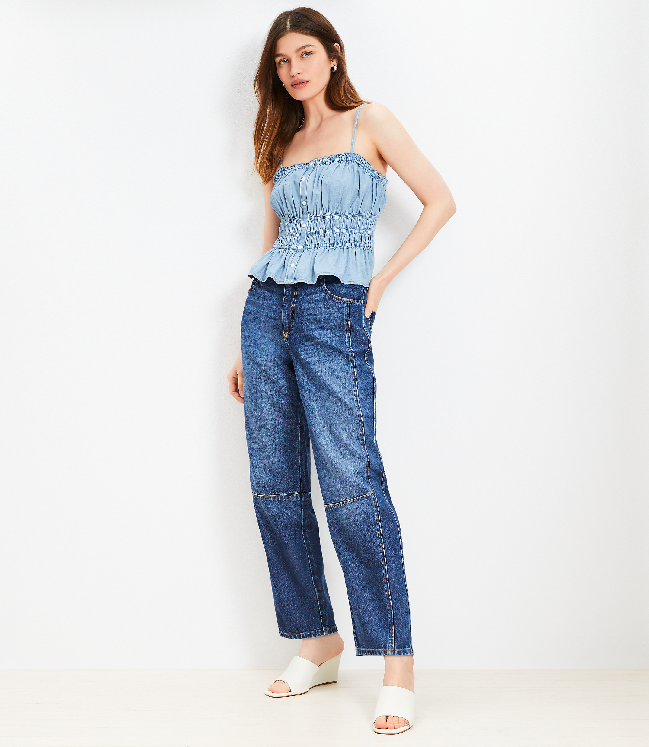 Petite Chambray Ruffle Smocked Button Cami