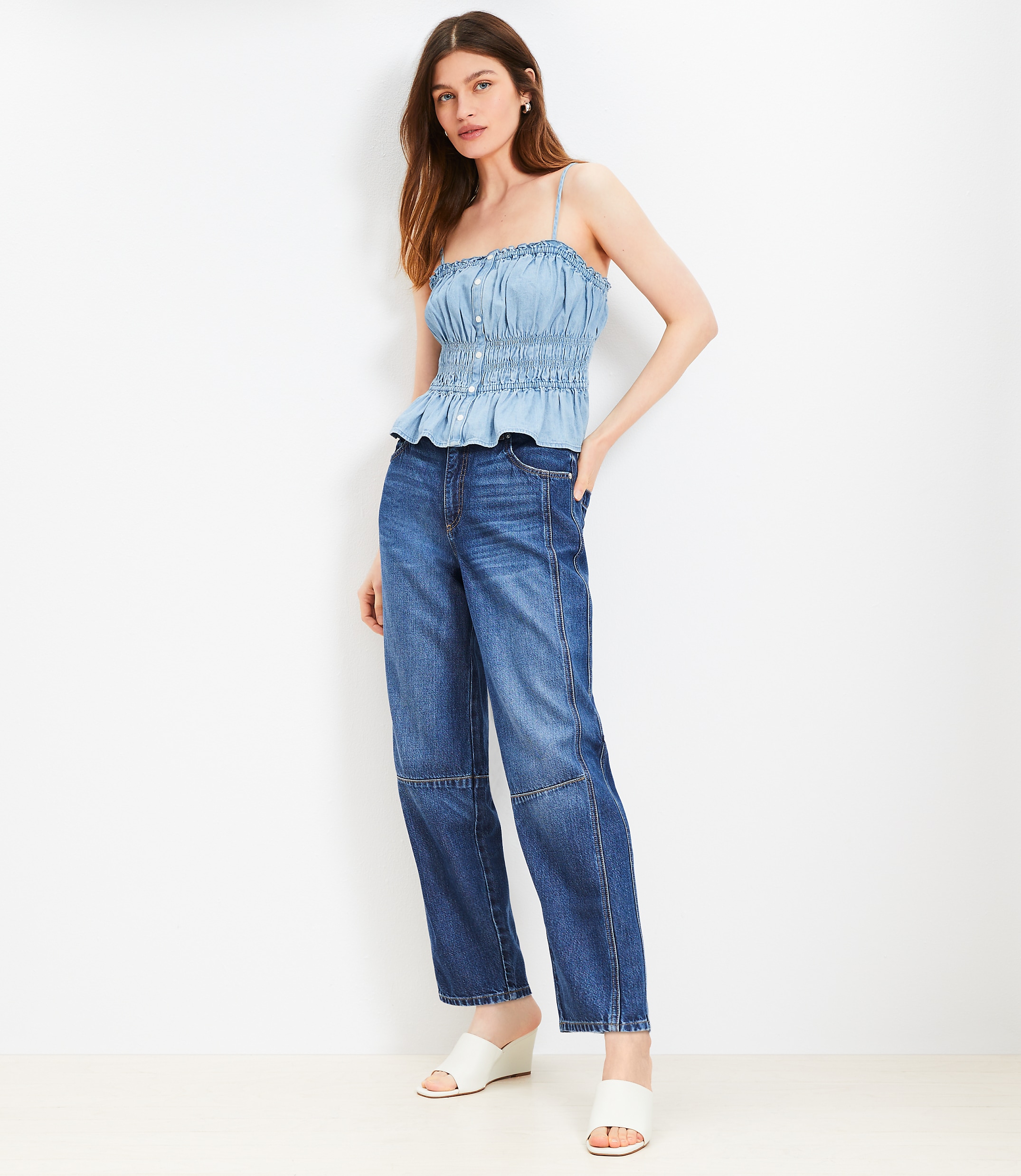 Chambray Ruffle Smocked Button Cami