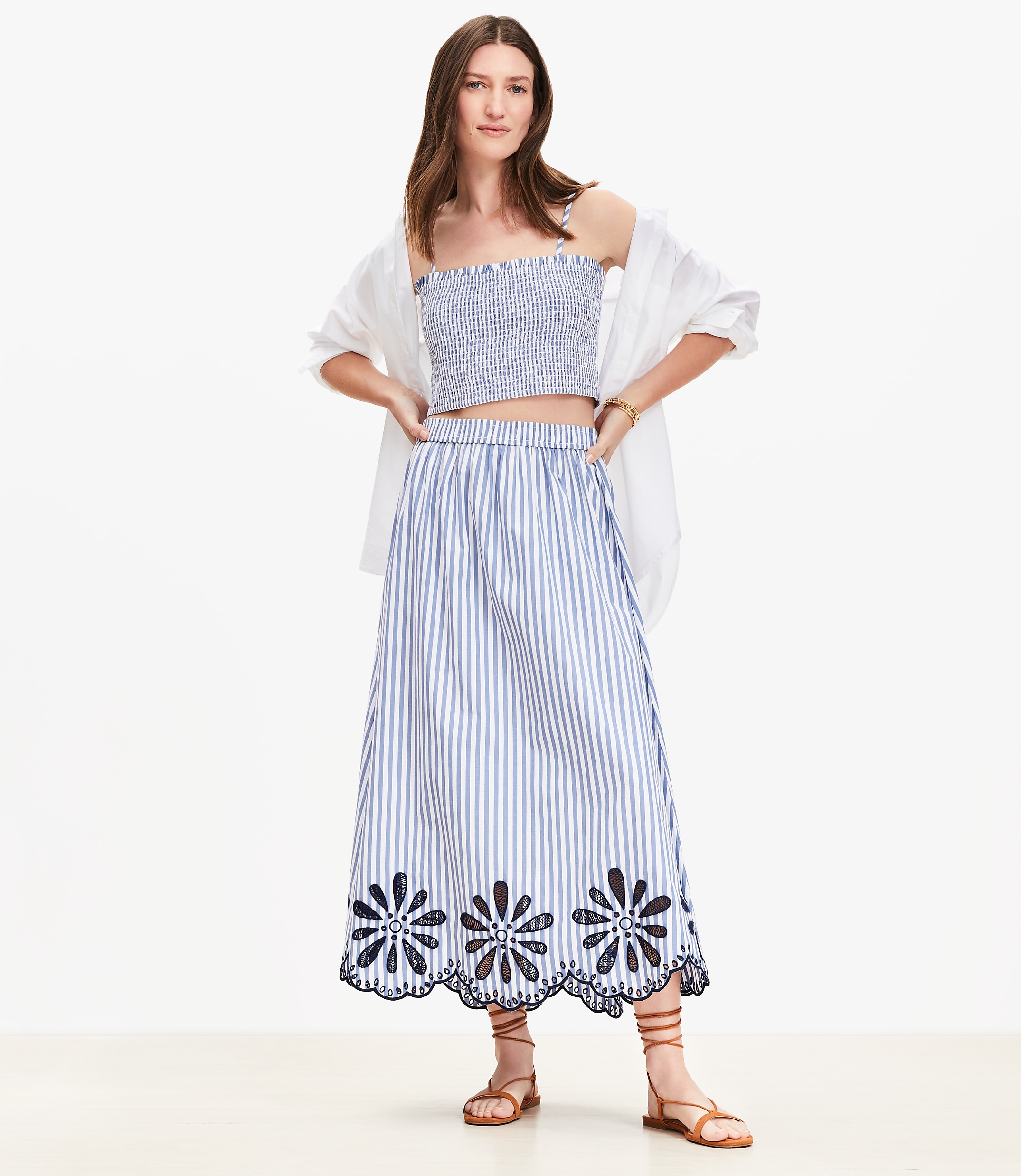 Petite Floral Eyelet Stripe Poplin Pull On Maxi Pocket Skirt