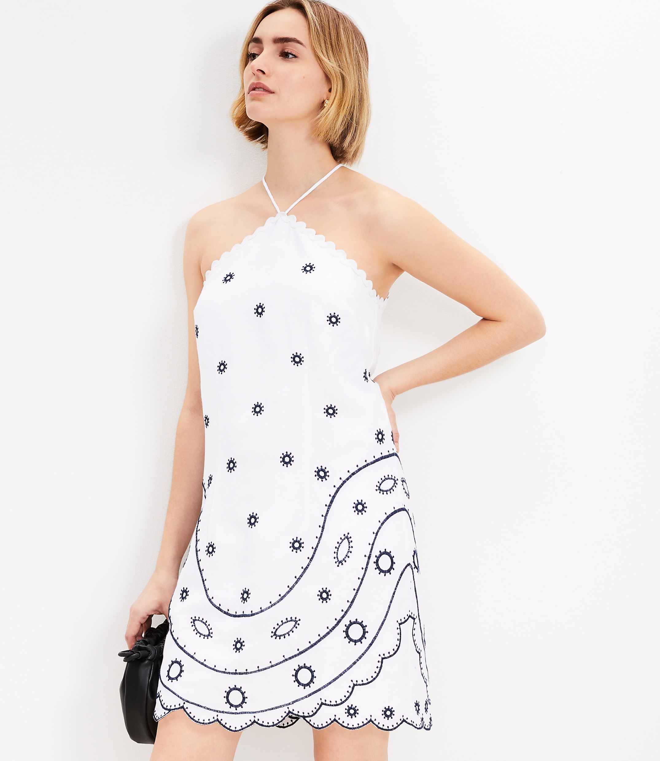 Petite Embroidered Linen Blend Mini Halter Dress