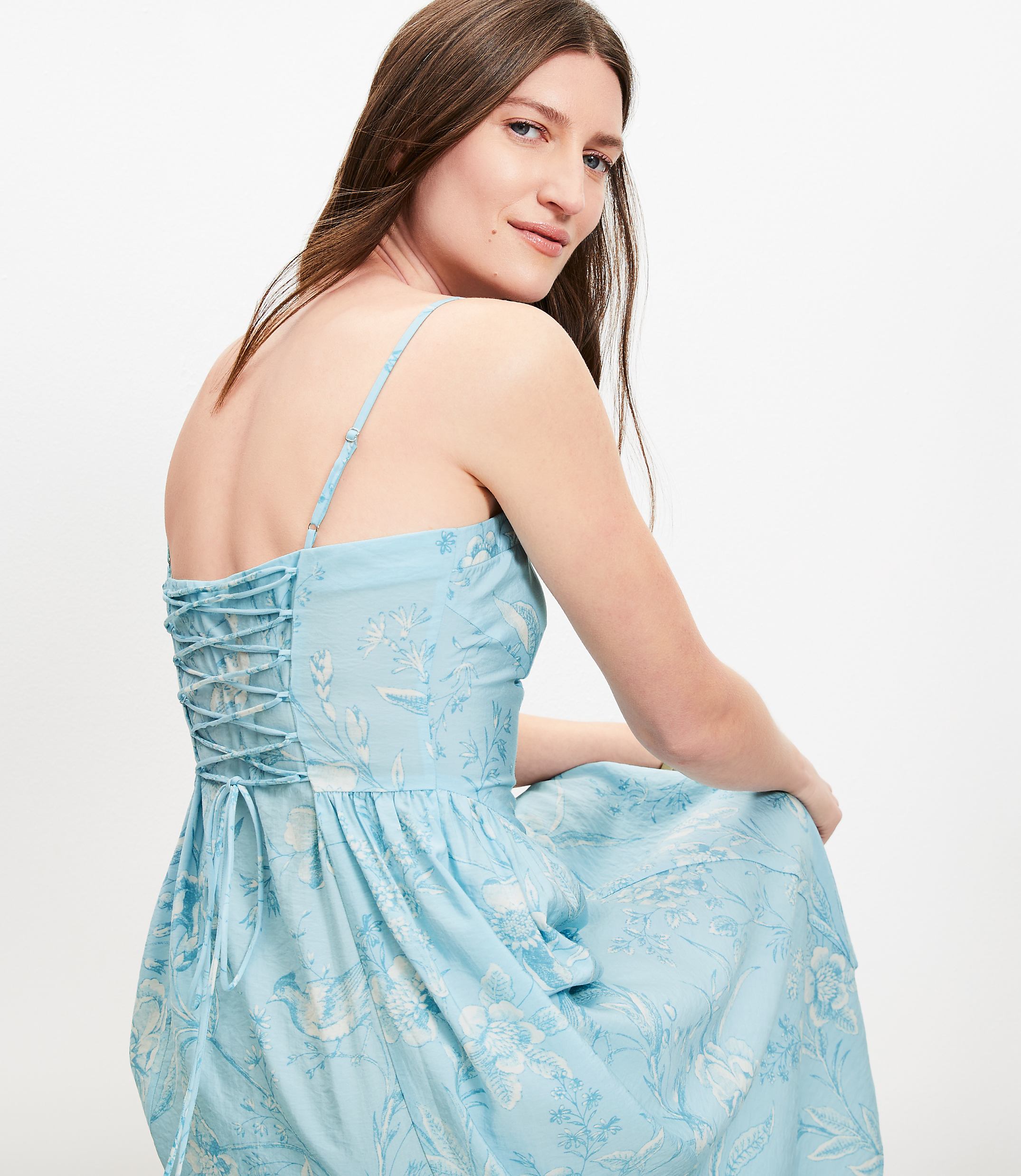 Bird Toile Sweetheart Strappy Midi Dress
