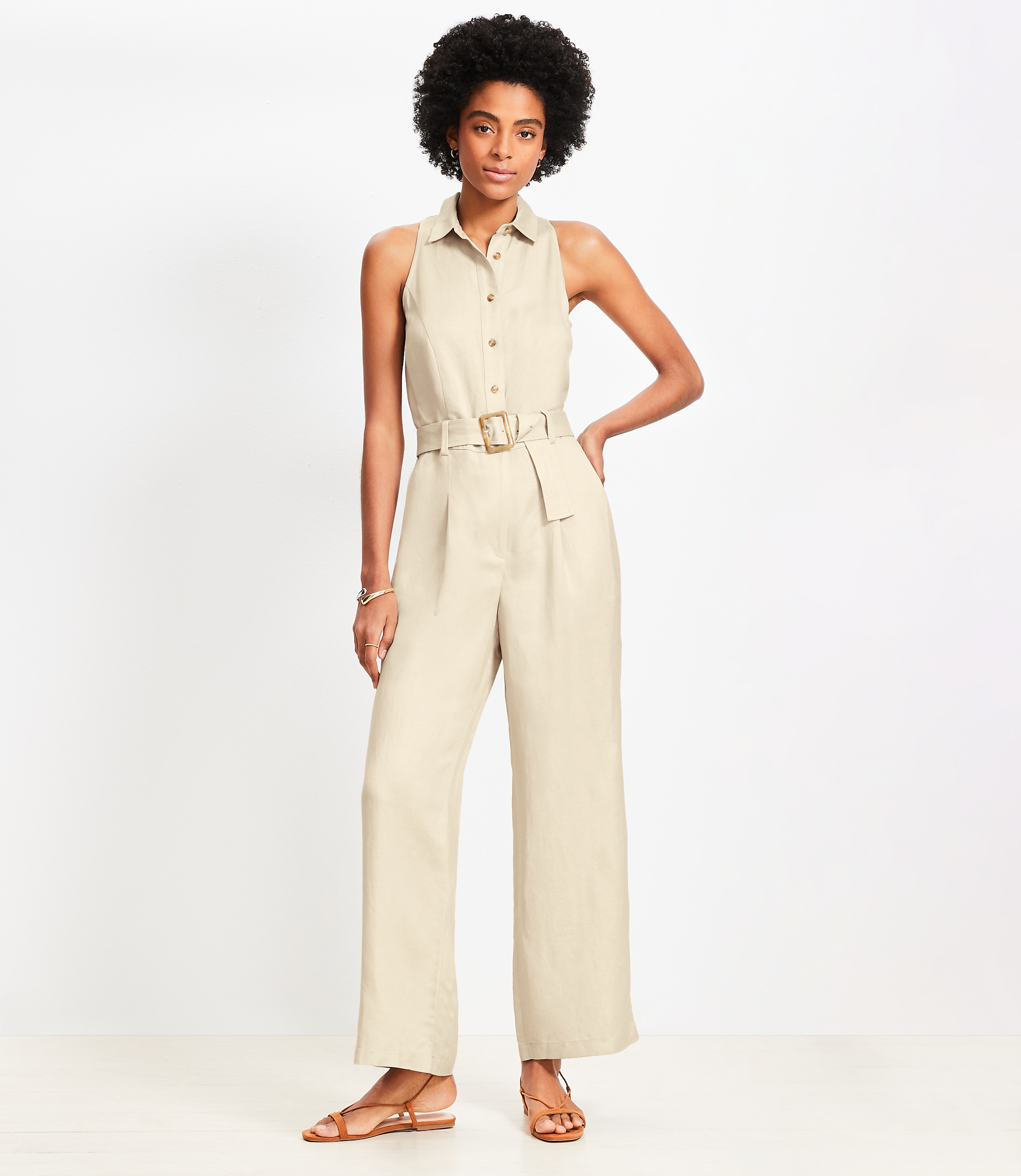 Petite Linen Blend Halter Jumpsuit