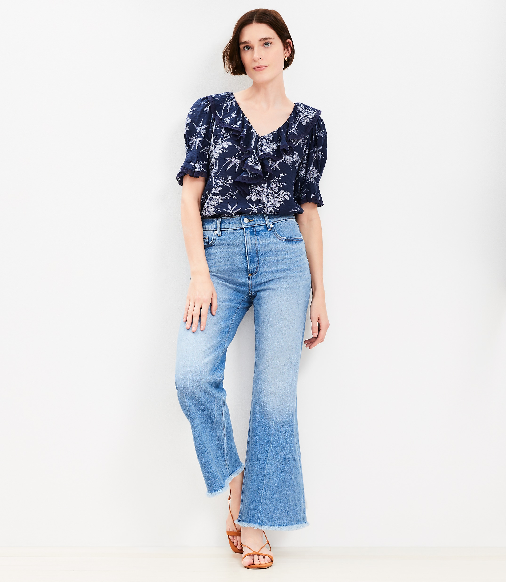 Petite Frayed High Rise Wide Leg Crop Jeans in White