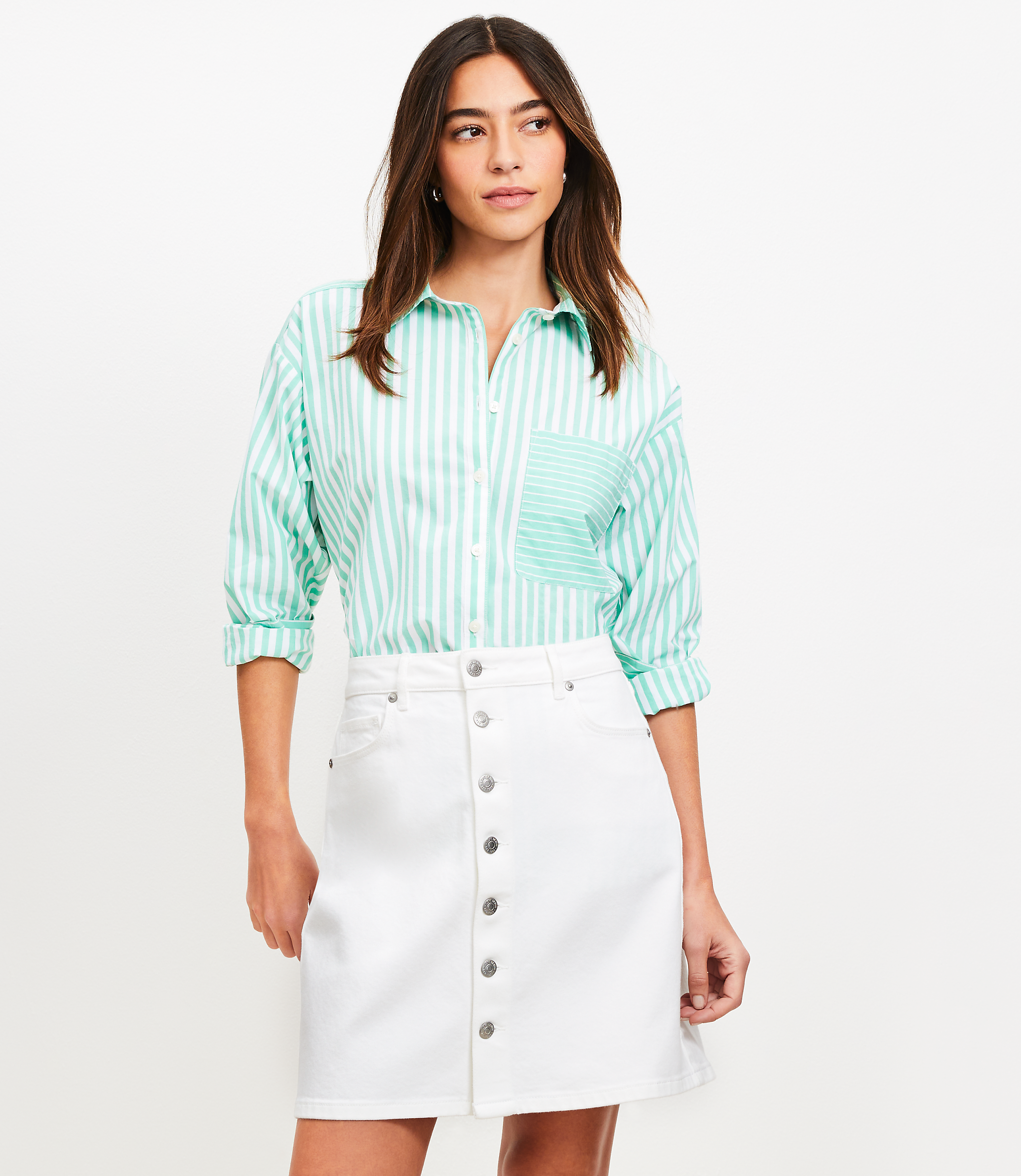 Petite Button Denim Mini Skirt in White