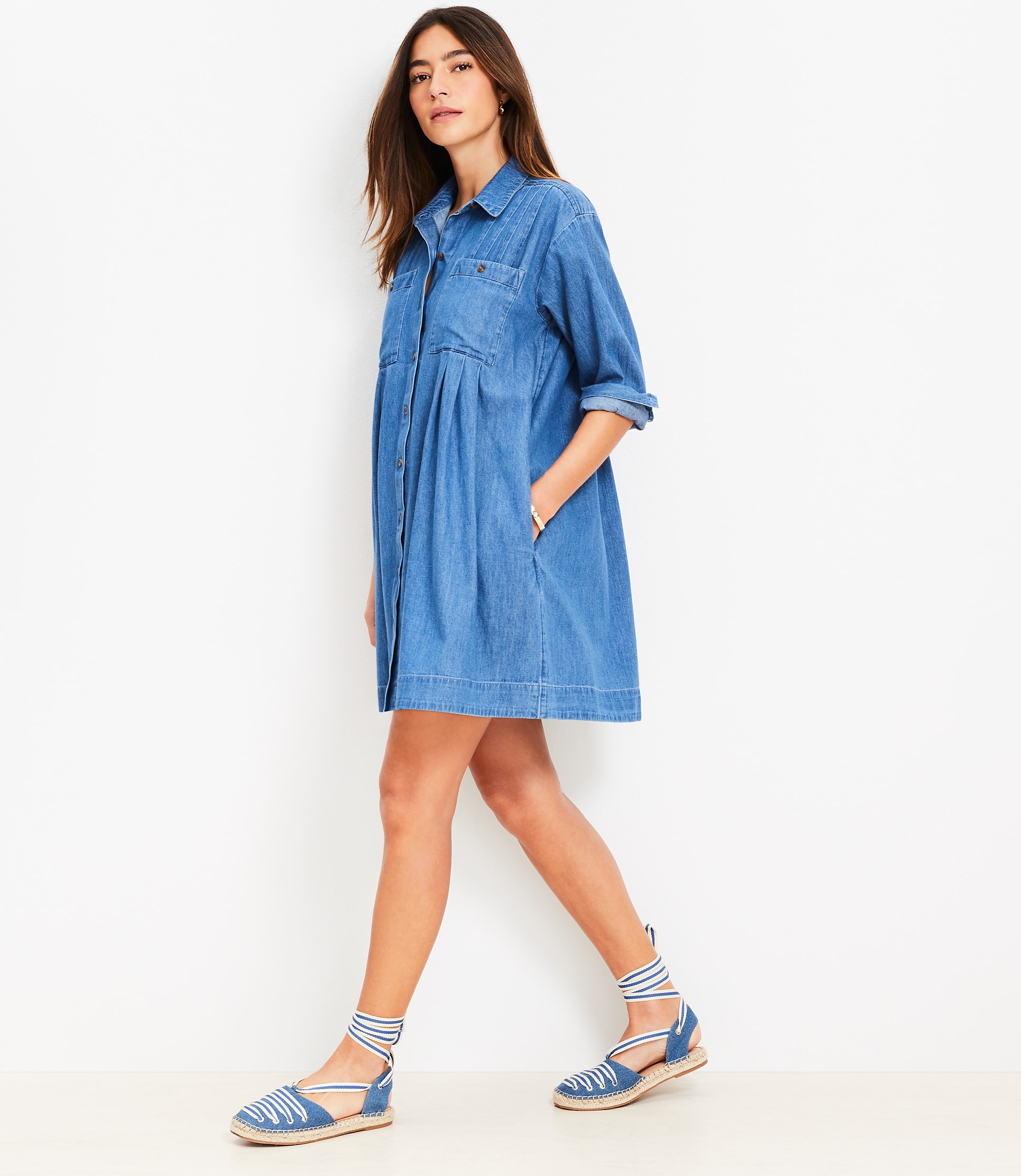 Tall Chambray Pleated Mini Pocket Dress