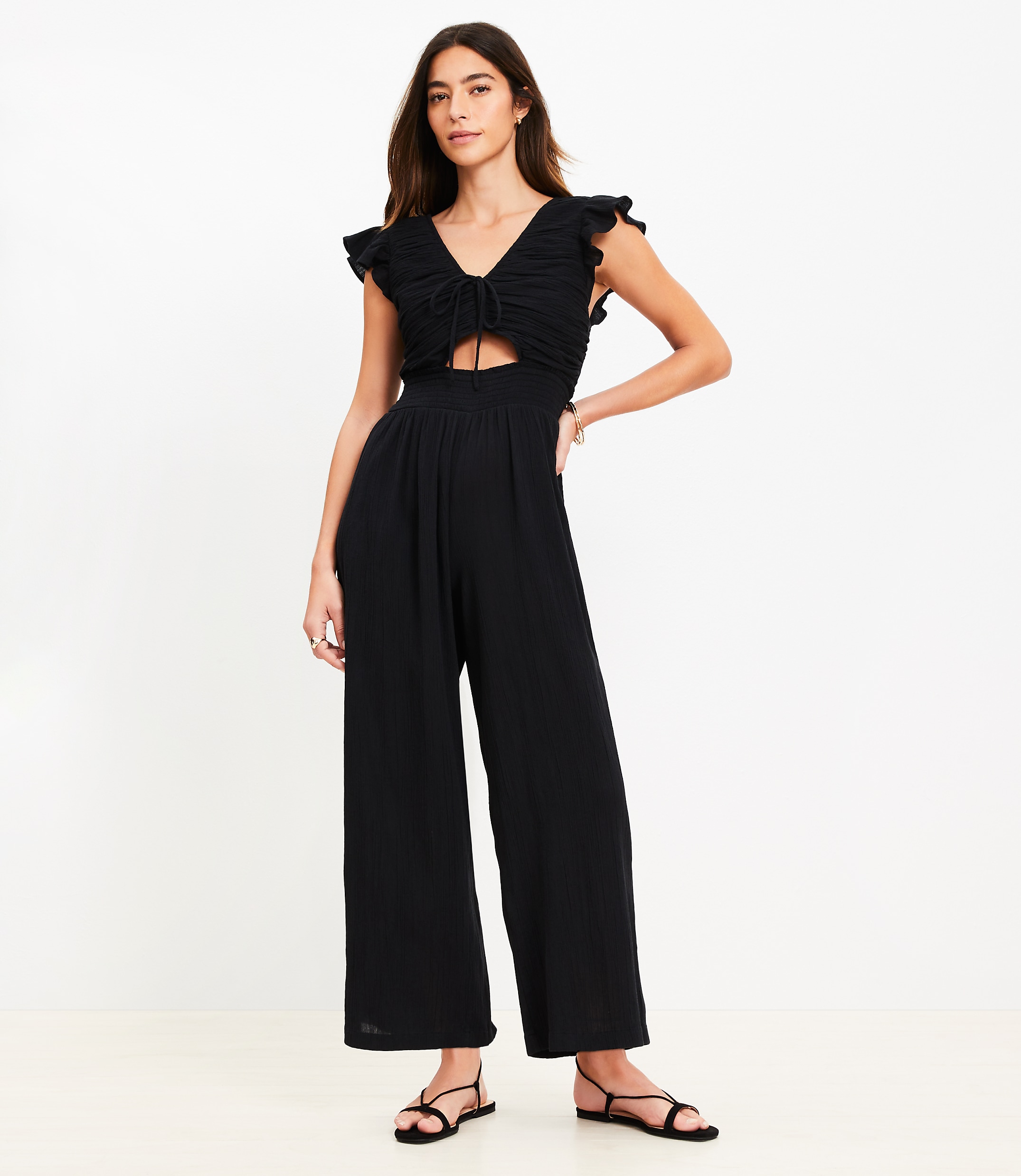 Petite LOFT Beach Crinkle Cutout Flutter Jumpsuit