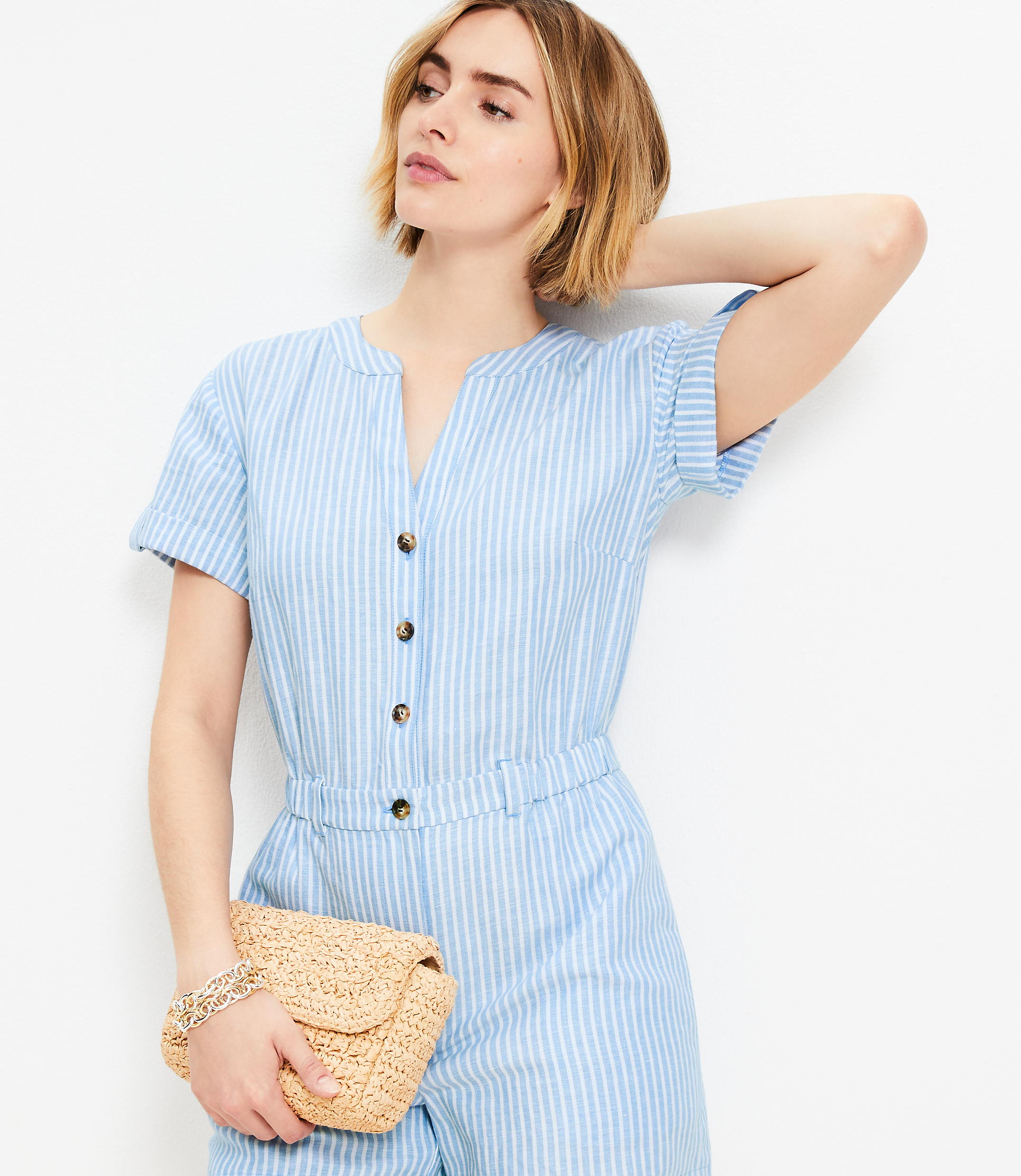 Petite Striped Linen Cotton Split Neck Romper
