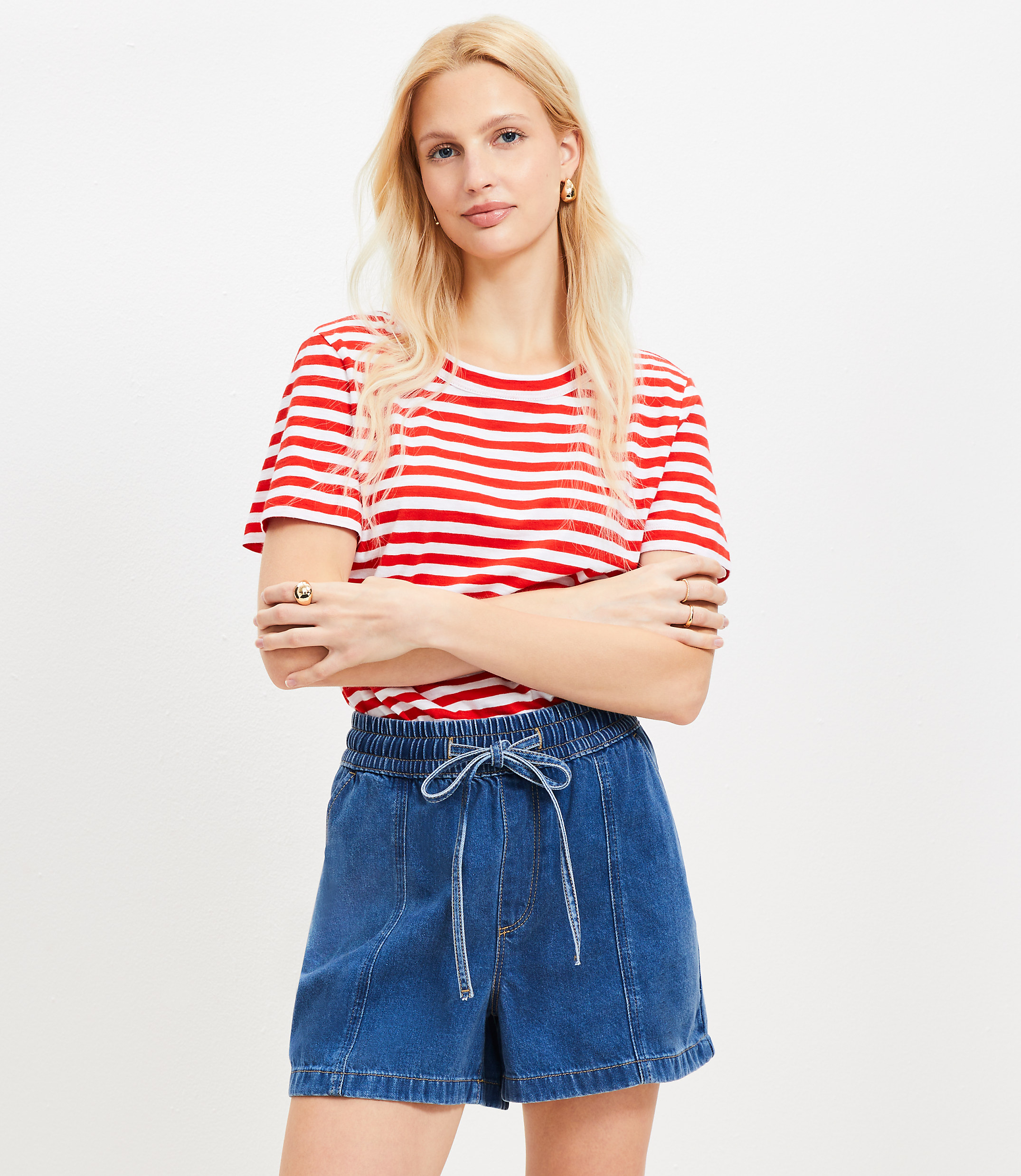 Petite High Rise Drawstring Denim Shorts in Classic Mid Wash