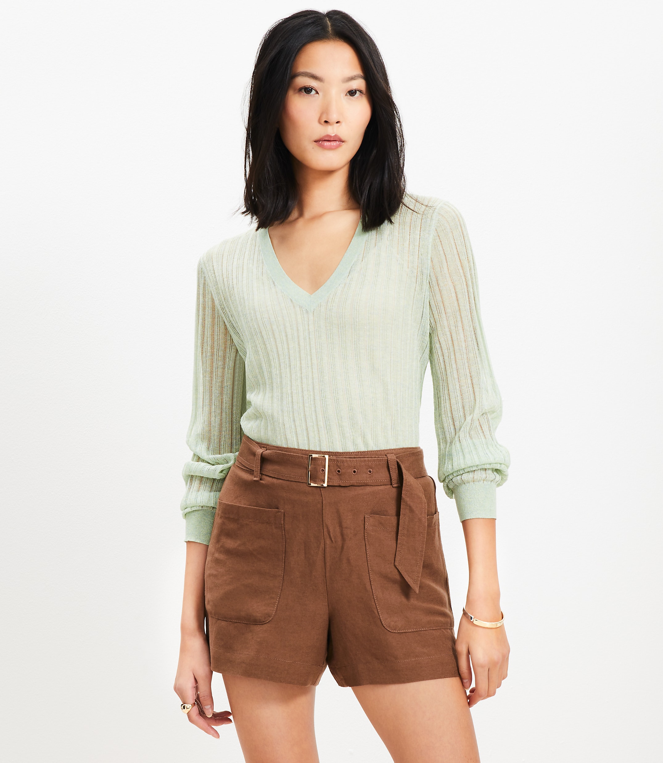 Sheer Ribbed V-Neck Sweater