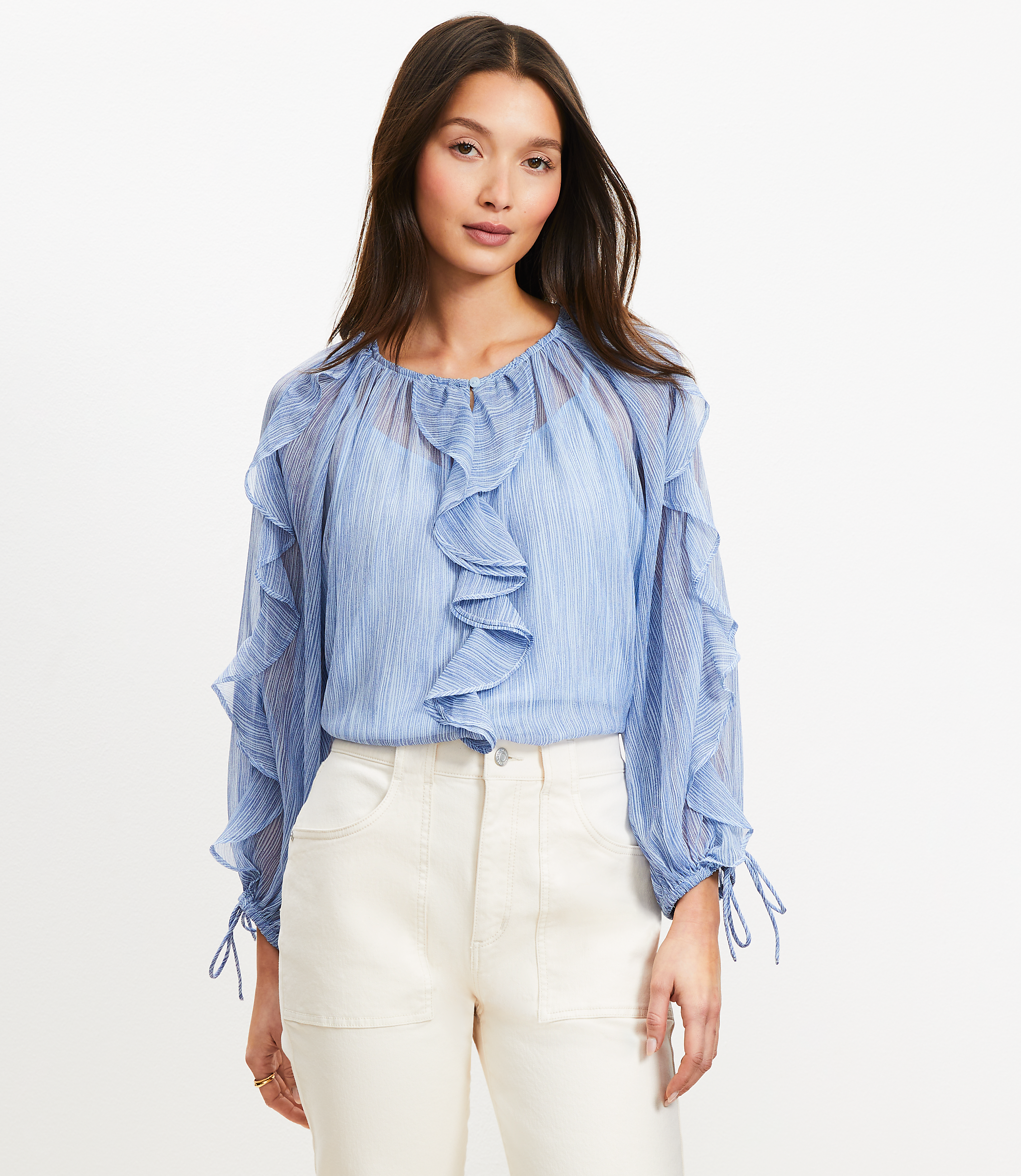 Petite Chiffon Ruffle Tie Cuff Blouse