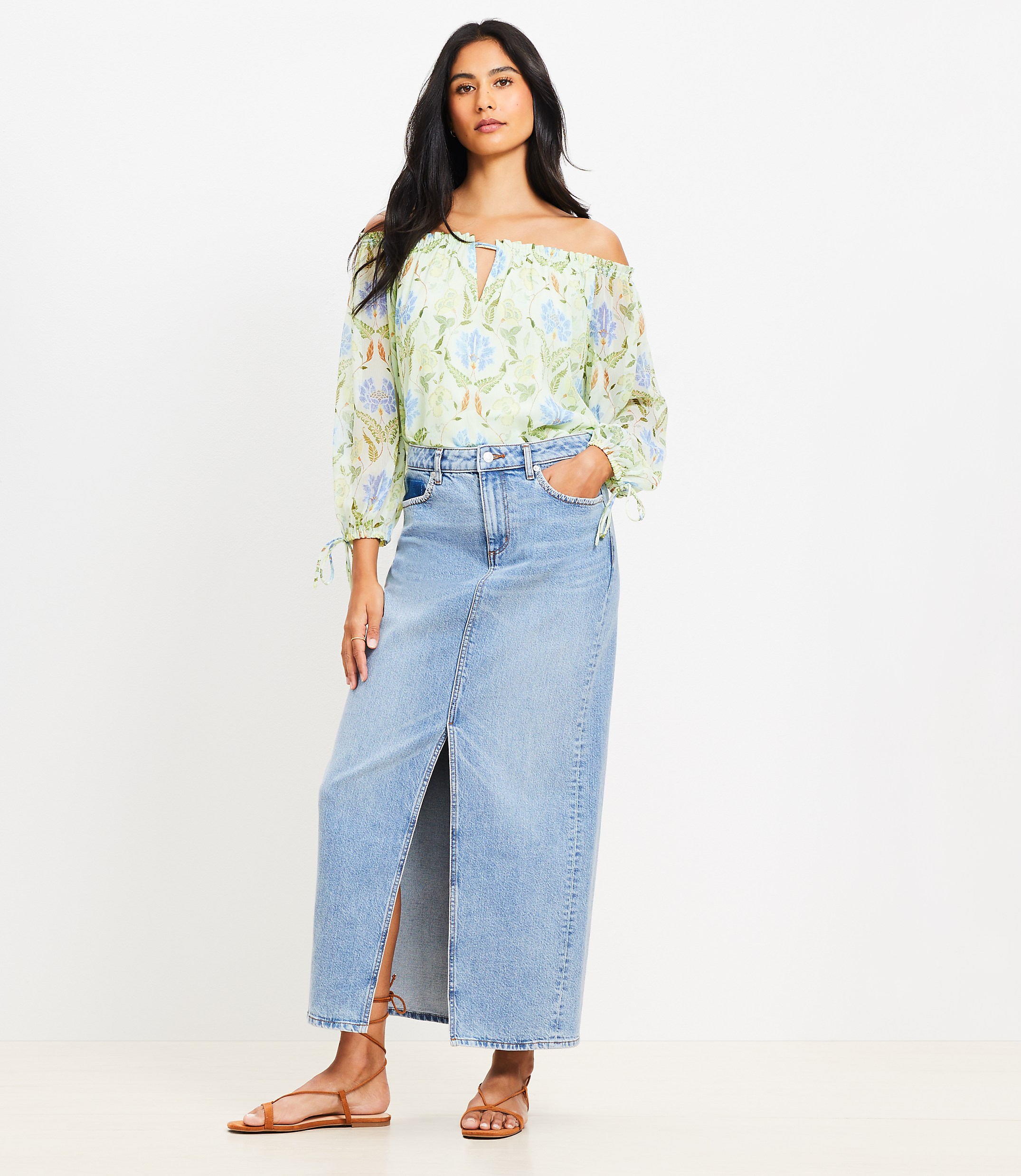 Petite Denim Maxi Skirt in Light Vintage Wash