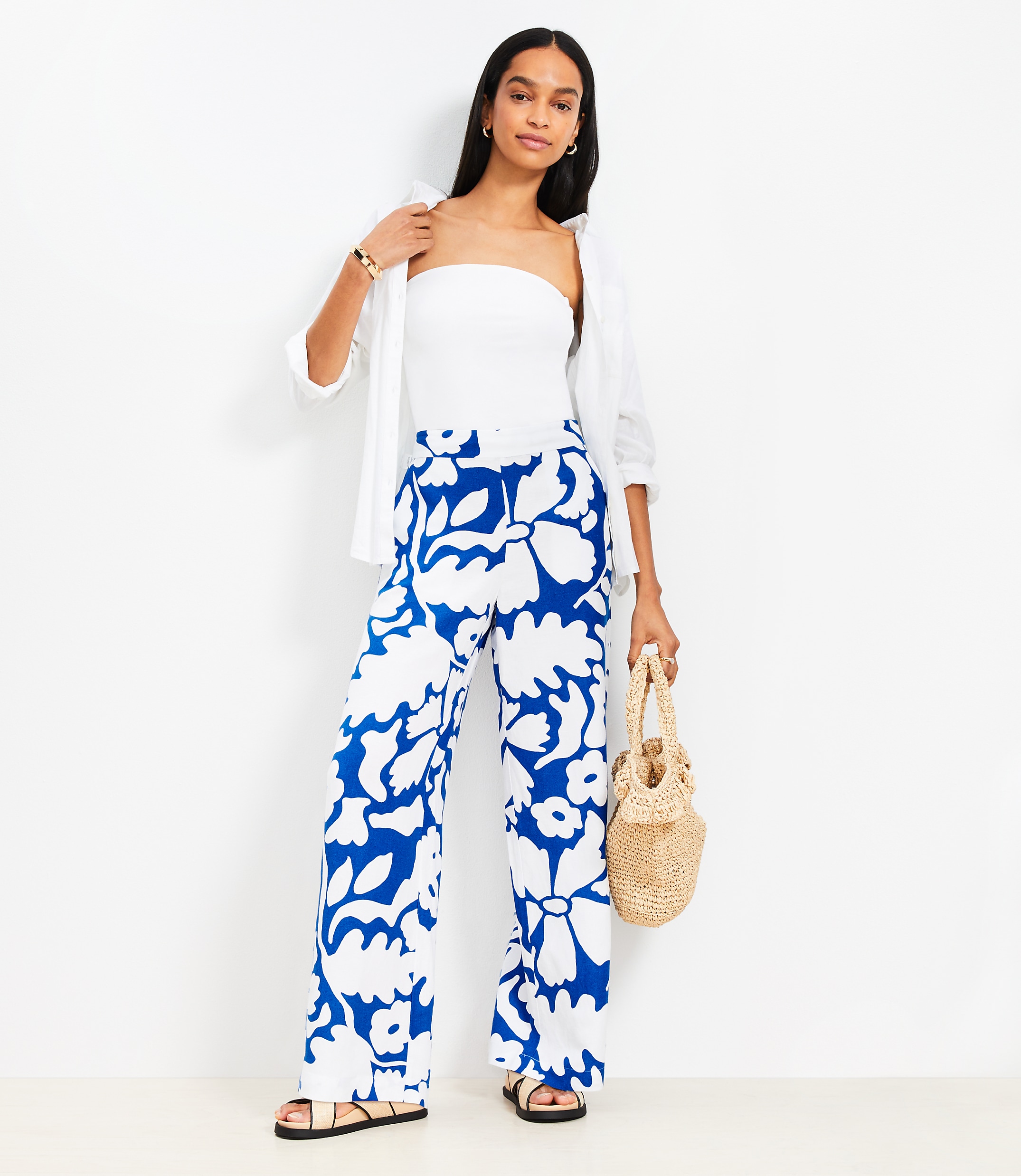 Floral Pull On Wide Leg Pants in Linen Blend