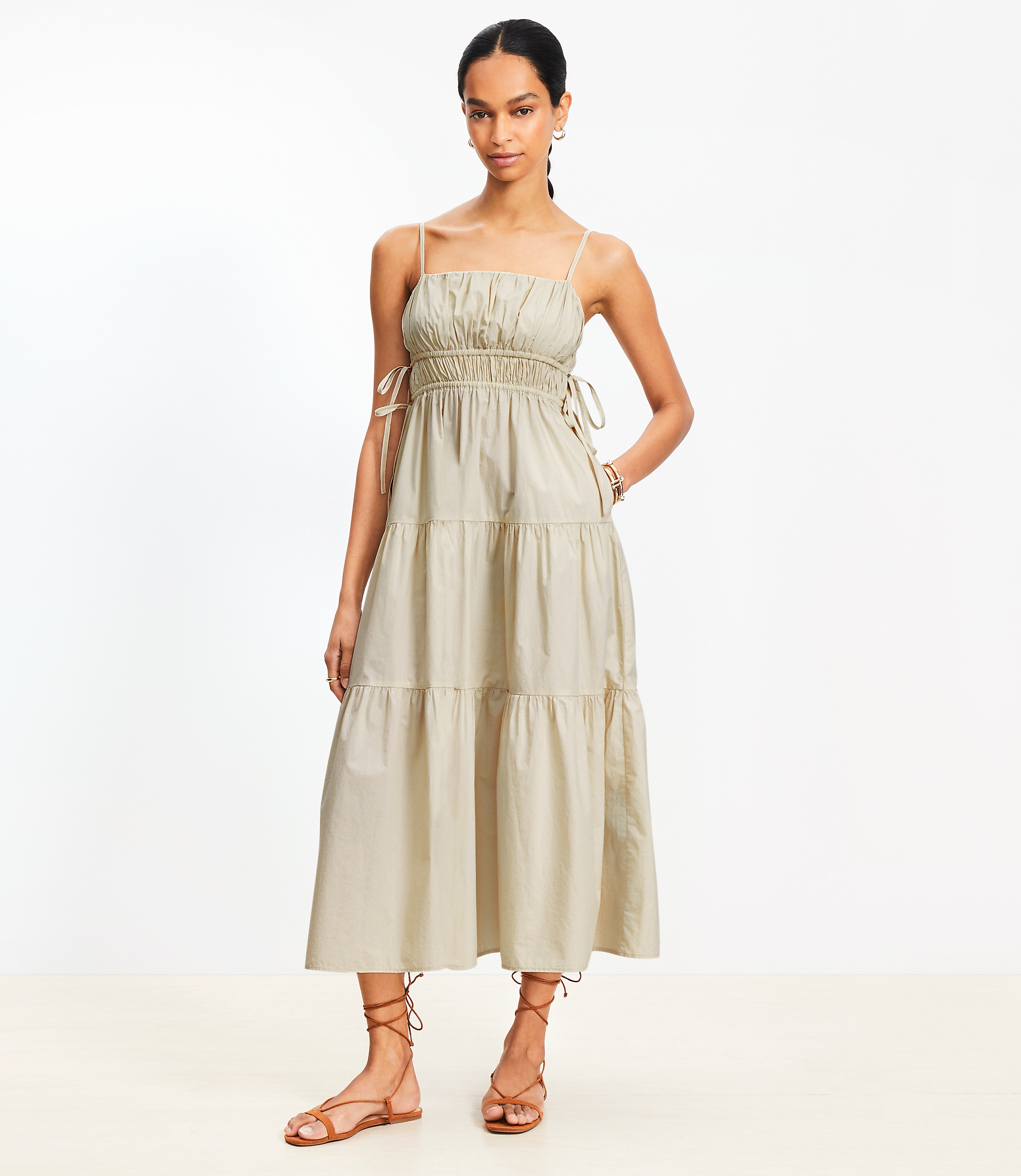 Petite Pleated Side Tie Strappy Midi Pocket Dress