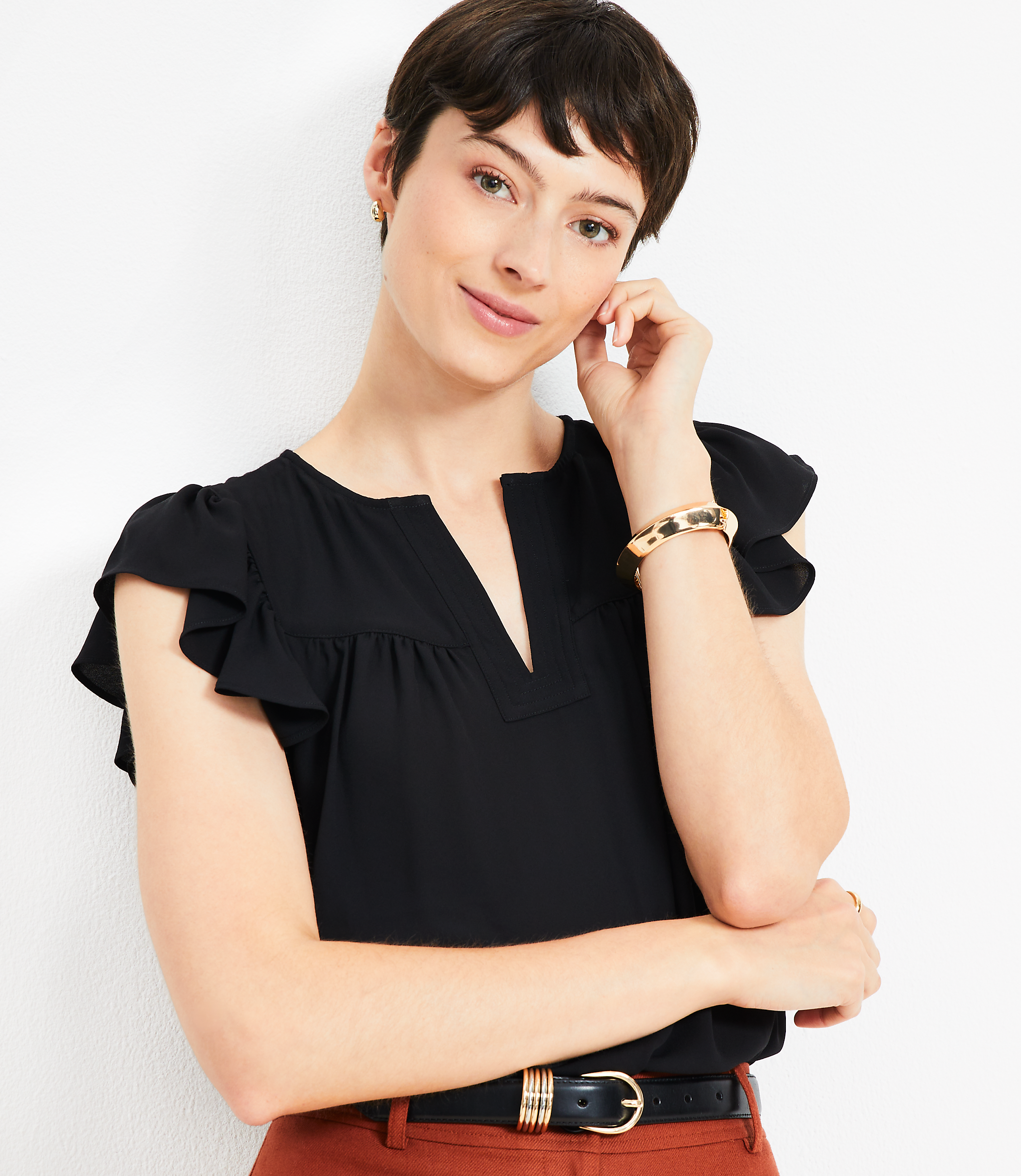 Petite Mixed Media Flutter Sleeve Top