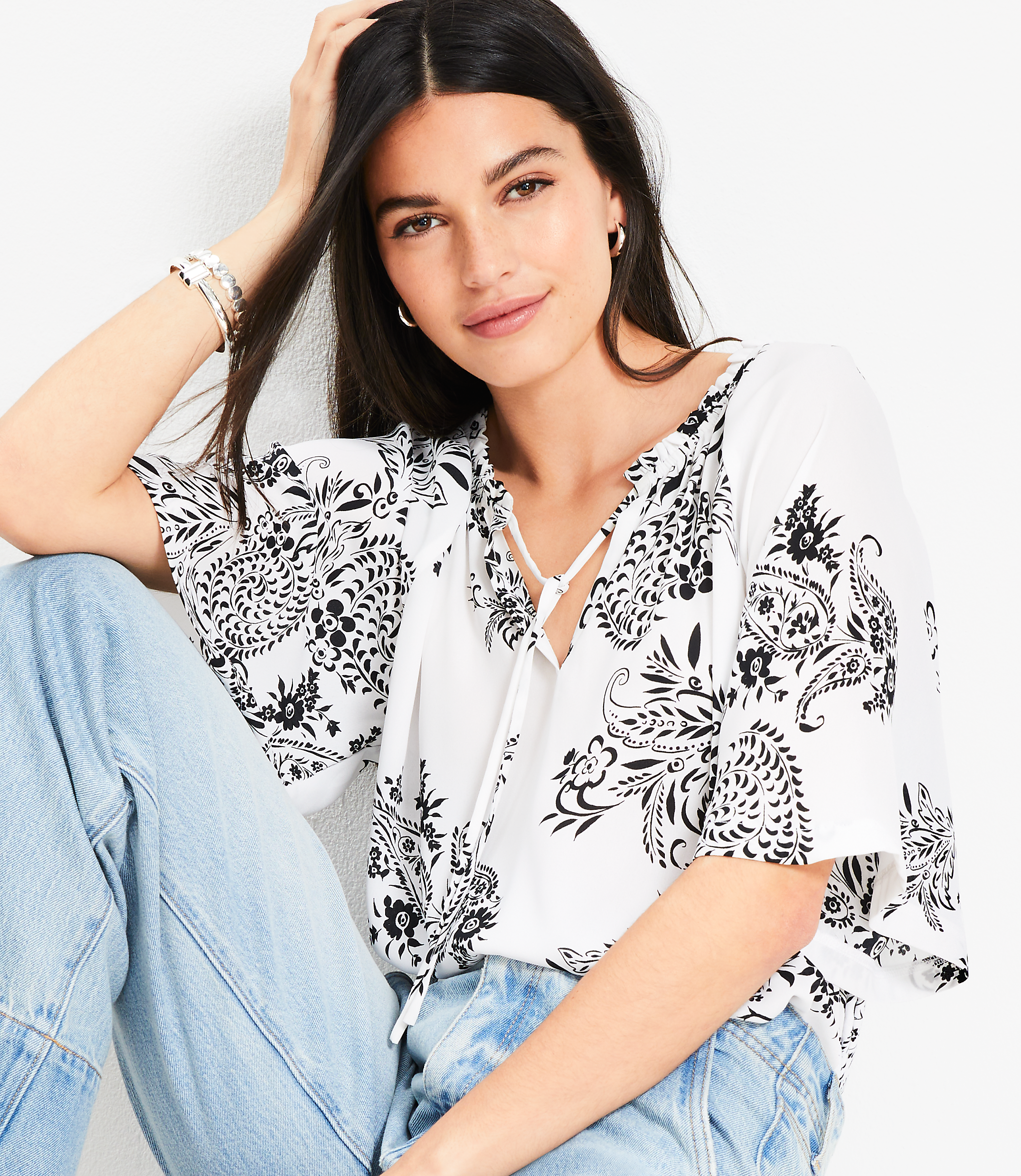 Petite Garden Tie Neck Mixed Media Blouse