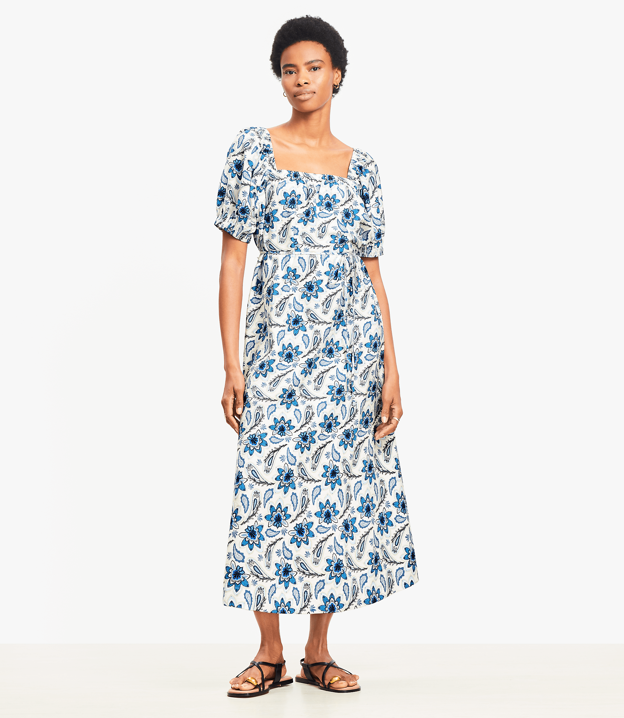 Paisley Smocked Square Neck Midi Dress