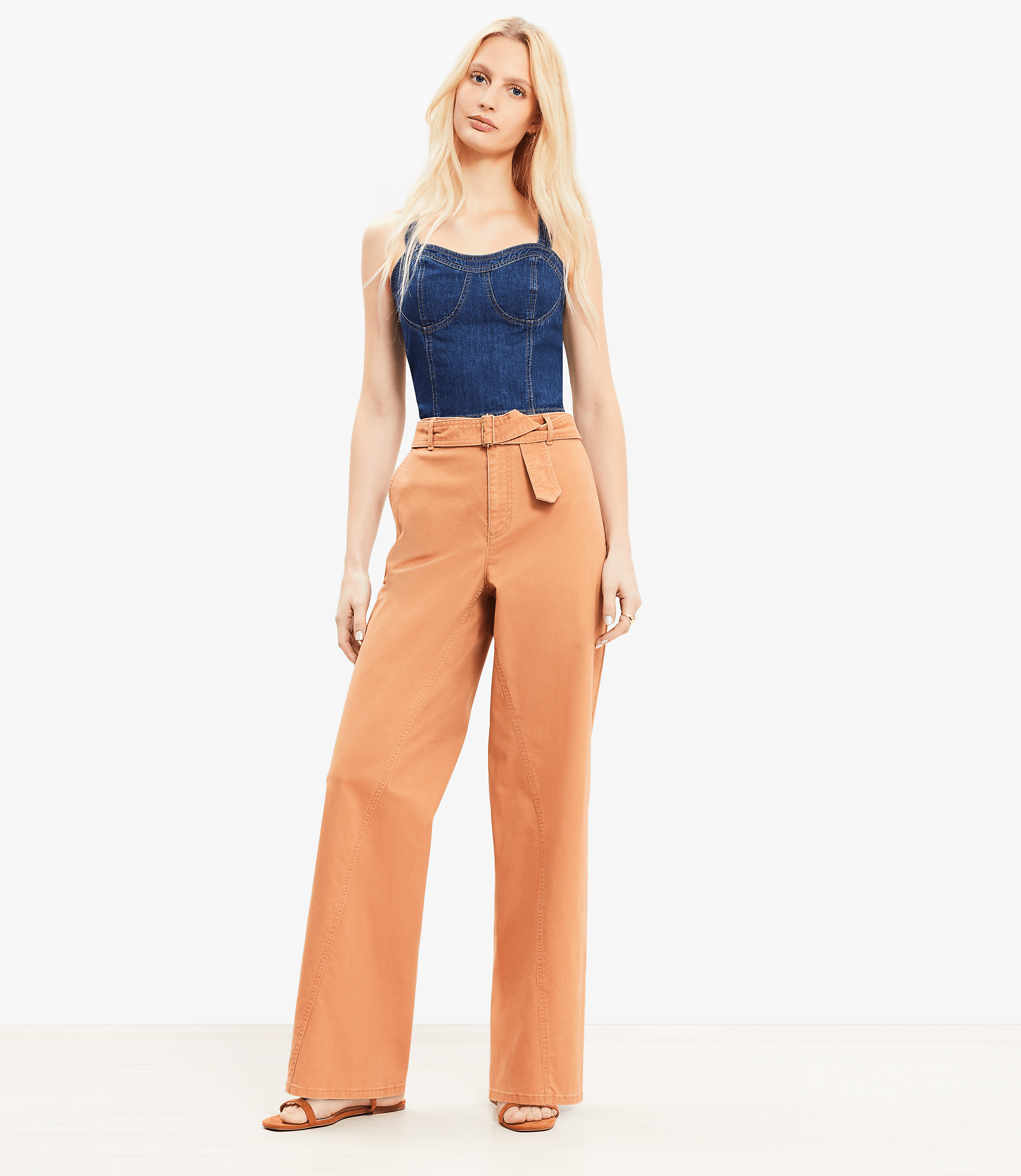 Petite Belted Slim Wide Leg Pants