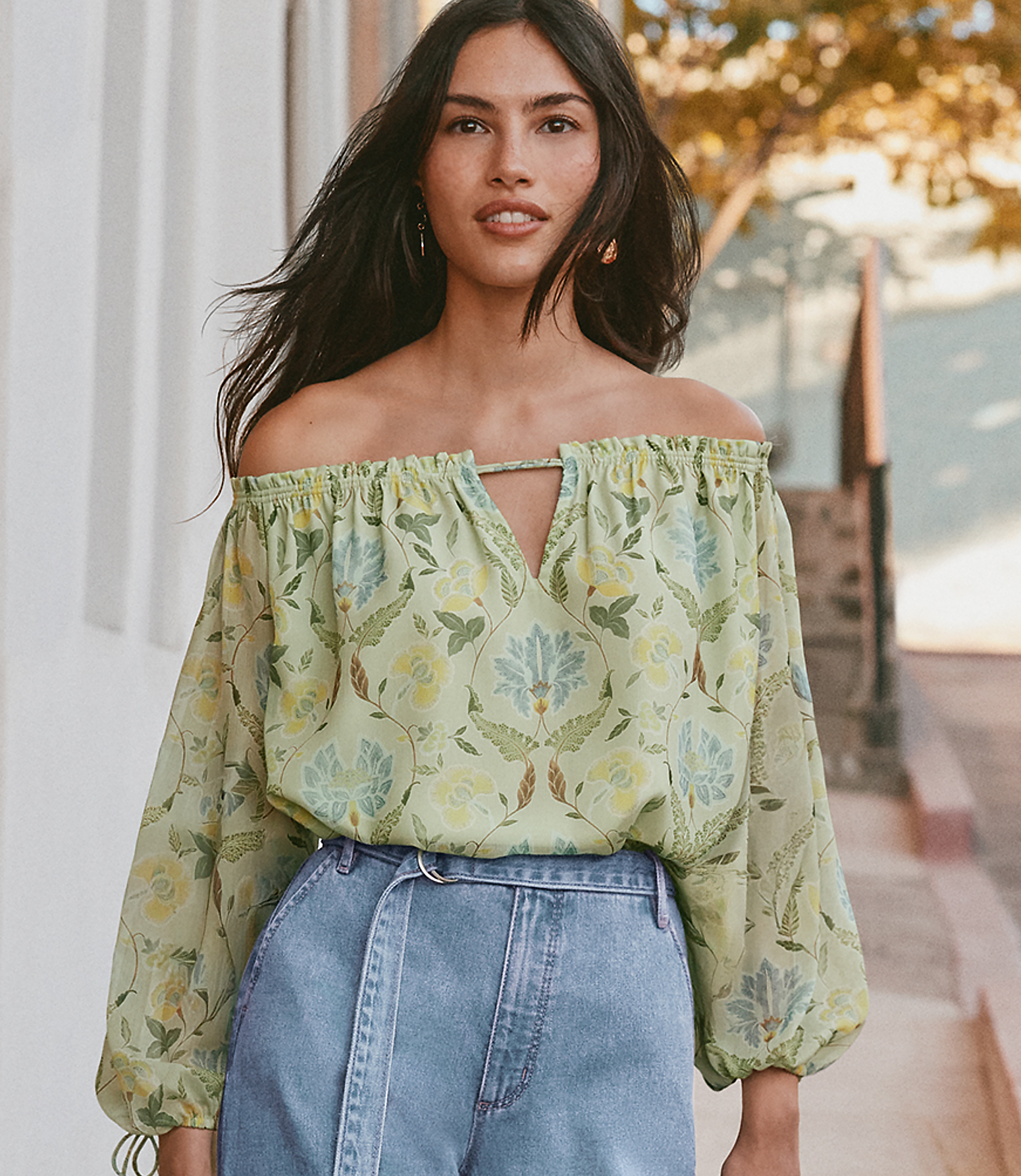 Floral Tie Cuff Off The Shoulder Blouse