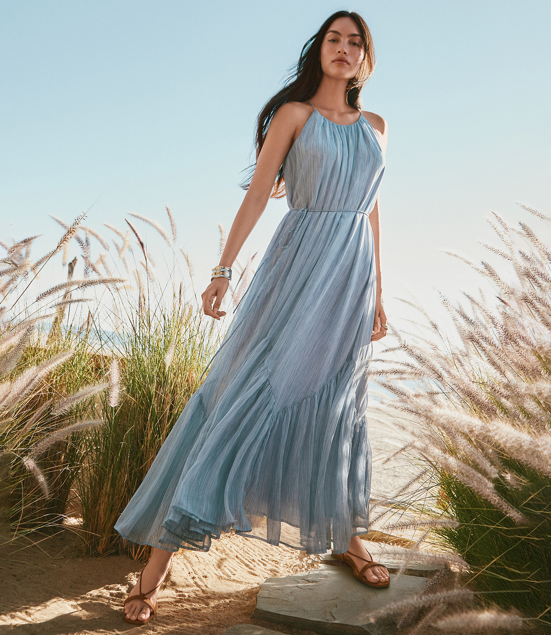 flounce maxi dress Beachside Hem White Floral Sleeveless Pleated SUE SARTOR Flounce Maxi by Sue Sartor blends artisanal design with graceful lines for an effortlessly chic look. Petite Striped Flounce Maxi Halter