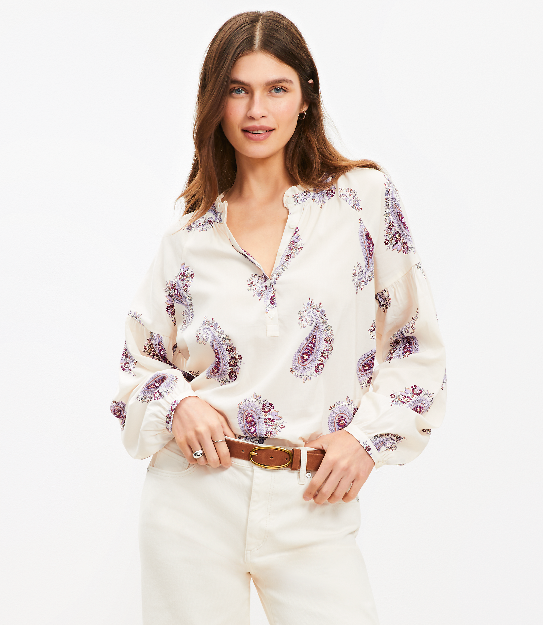 Petite Paisley Draped Sleeve Henley Blouse