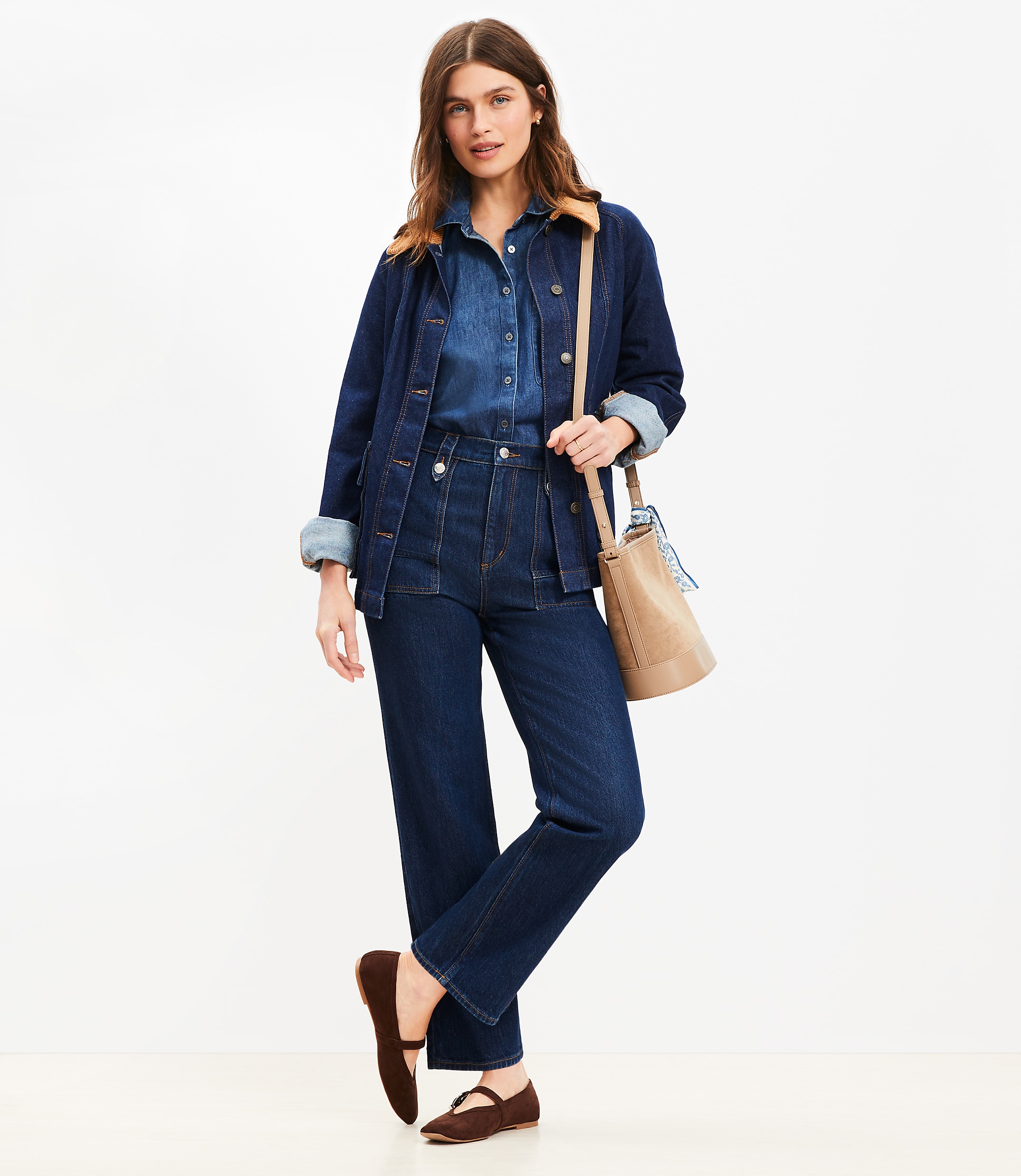 Petite High Rise Straight Utility Jeans in Mid Indigo Wash