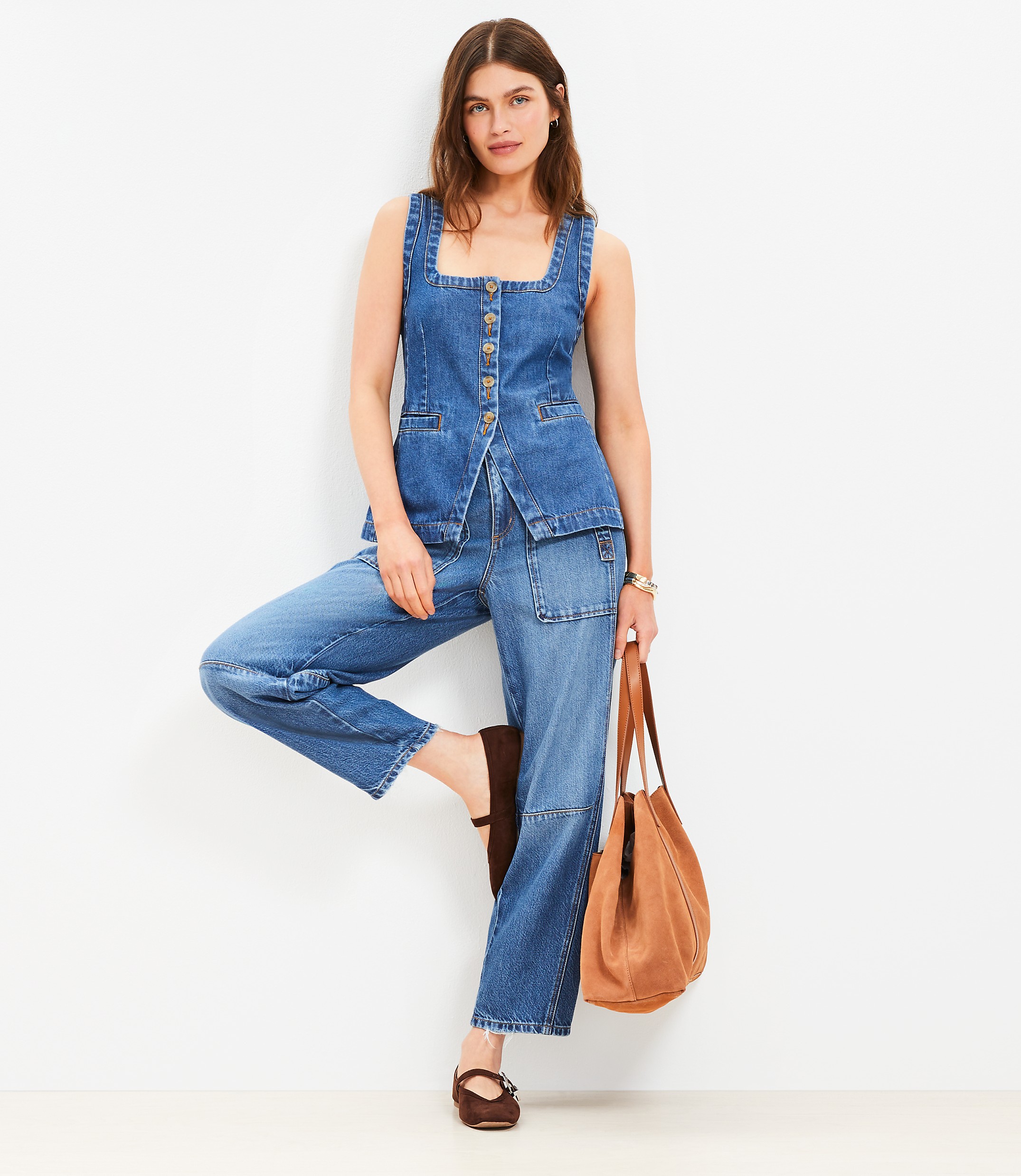 Petite Denim Square Neck Pocket Vest Top in Classic Mid Wash