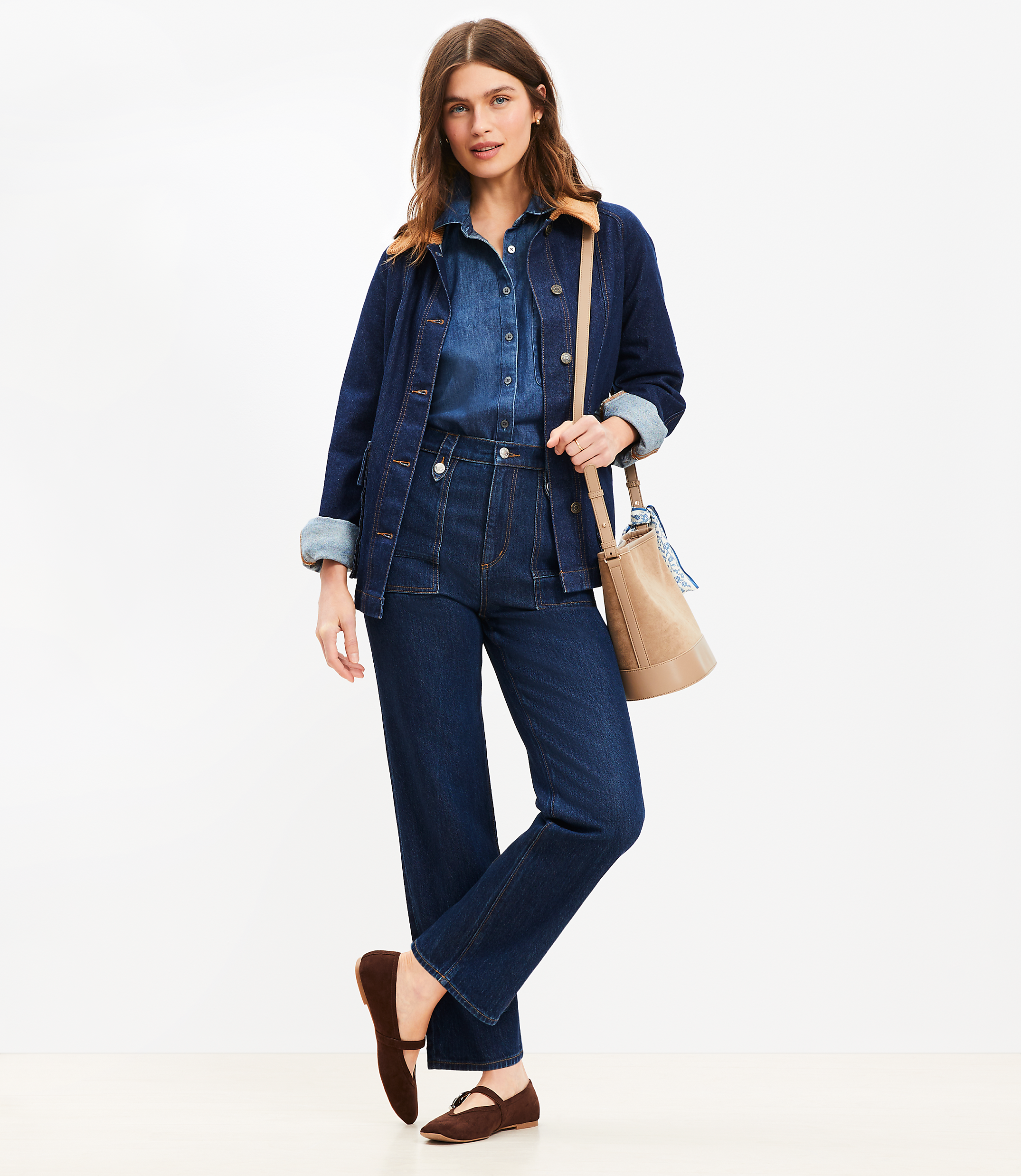 High Rise Straight Utility Jeans in Mid Indigo Wash