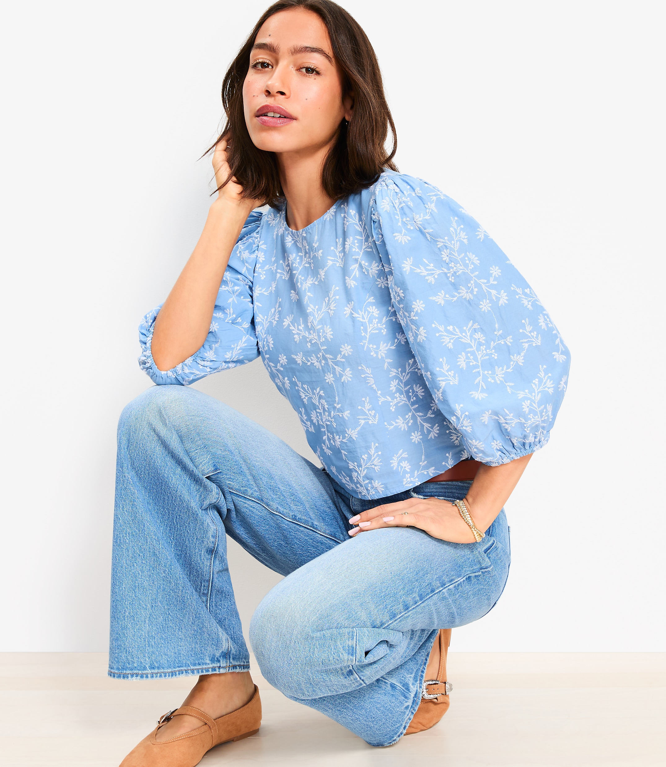 Floral Embroidered Elbow Sleeve Blouse