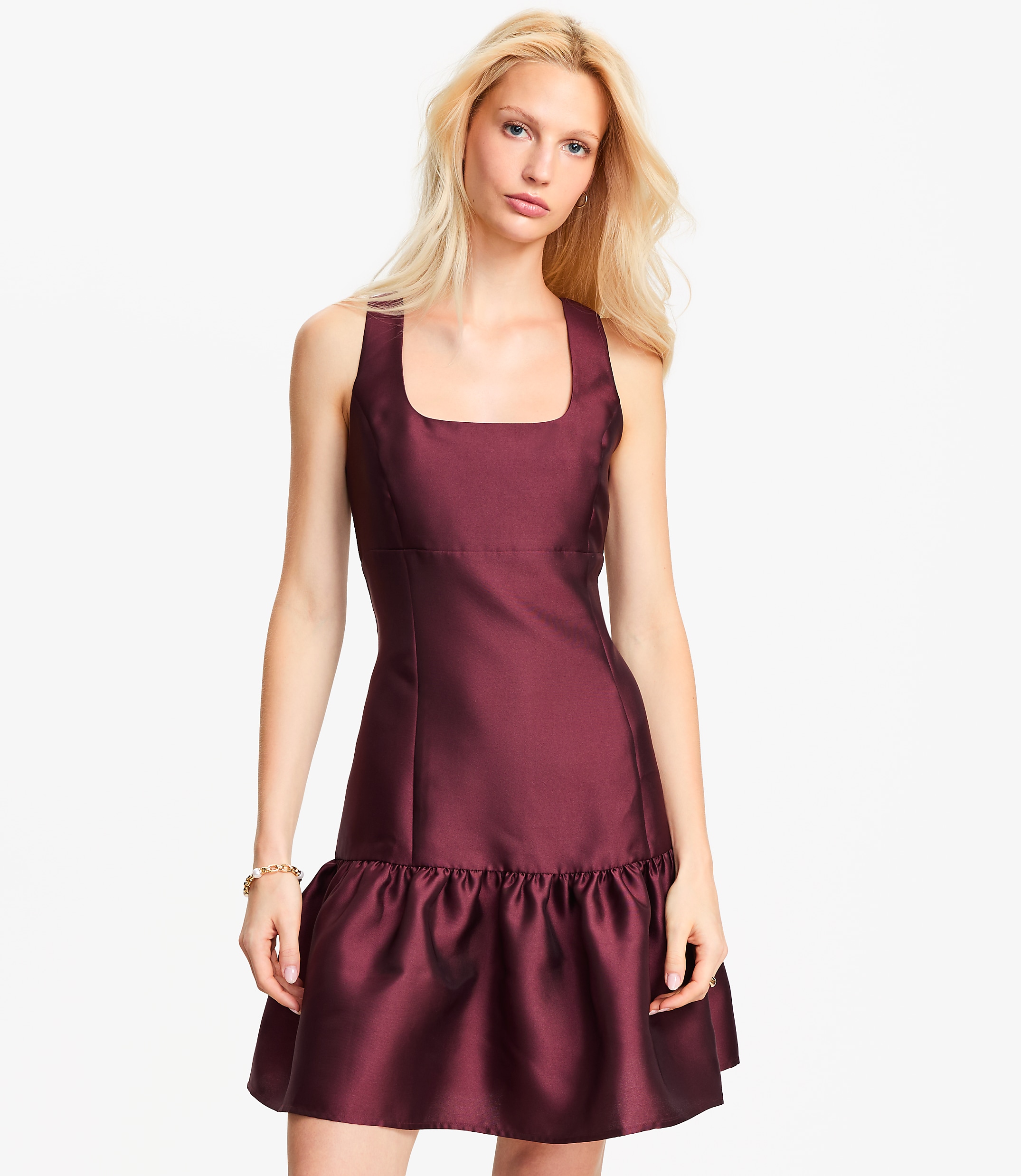 Satin Square Neck Mini Flounce Dress