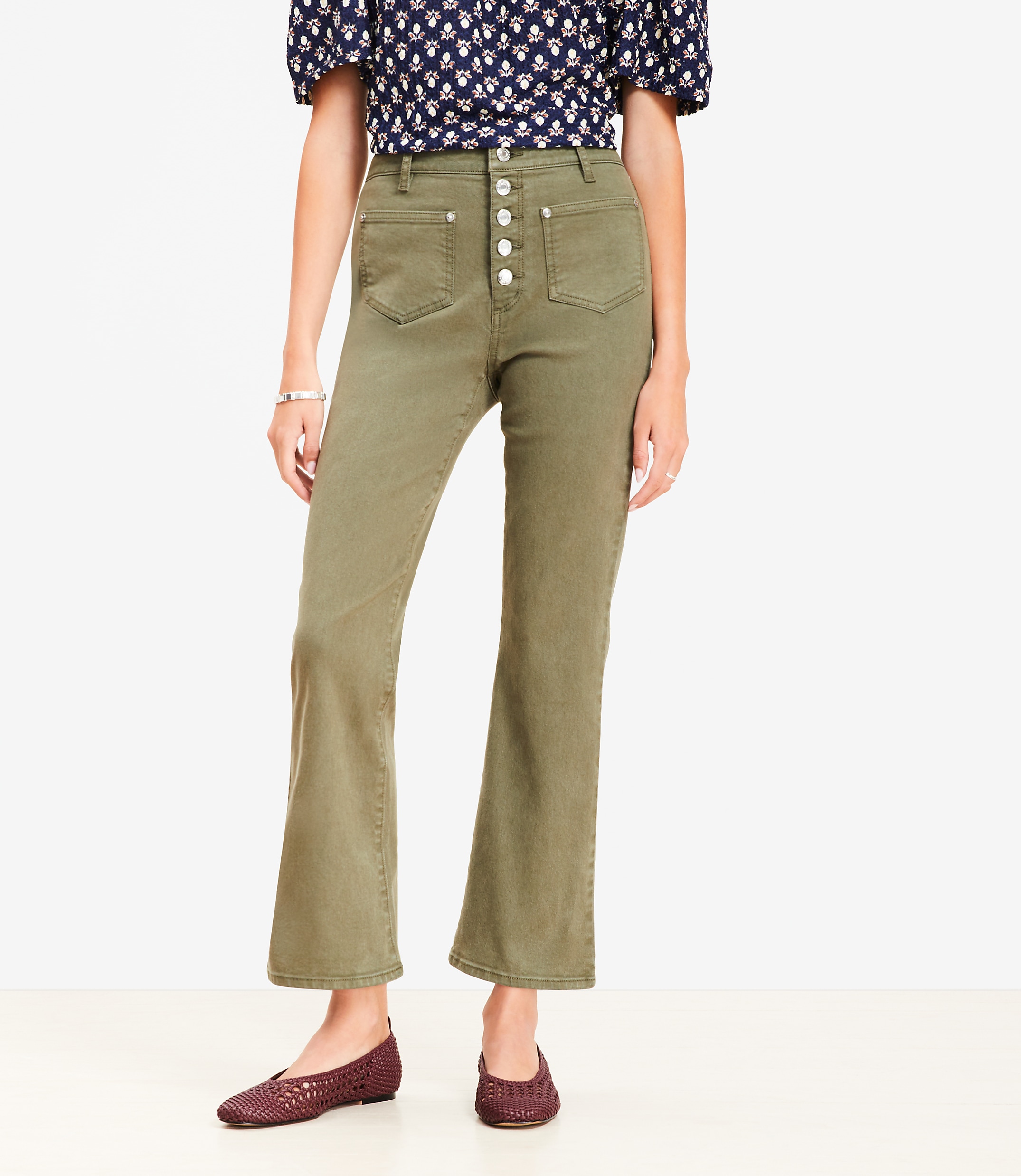Curvy Patch Pocket High Rise Kick Crop Jeans in Evening Olive