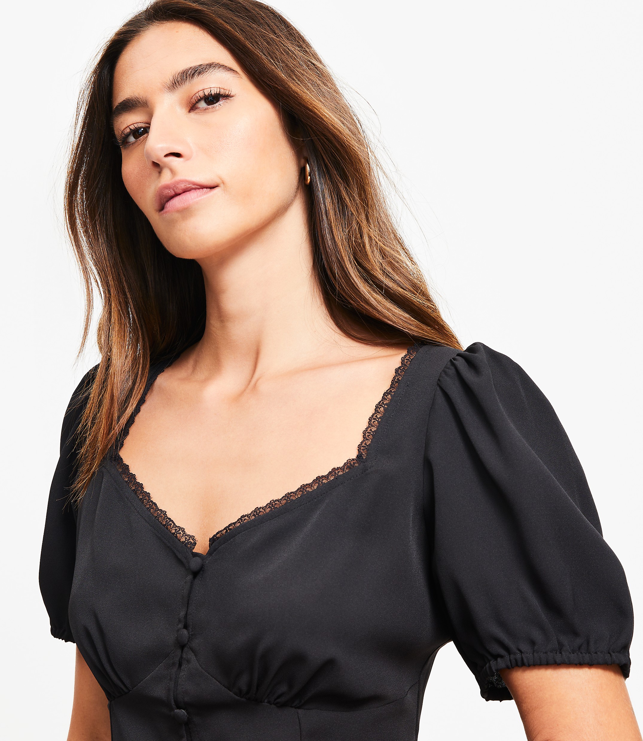 Petite Lace Trim Sweetheart Neck Blouse