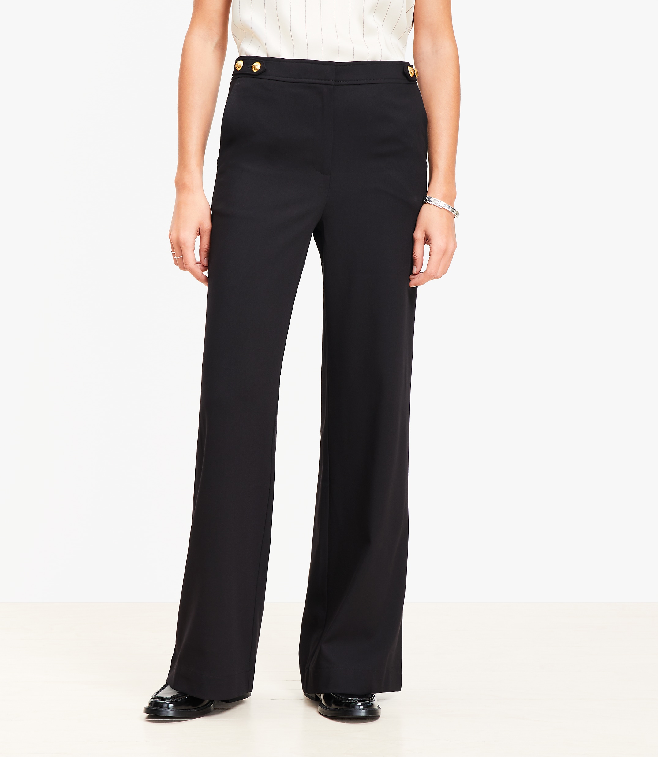 Petite Curvy Tab Waist Wide Leg Pants in Twill