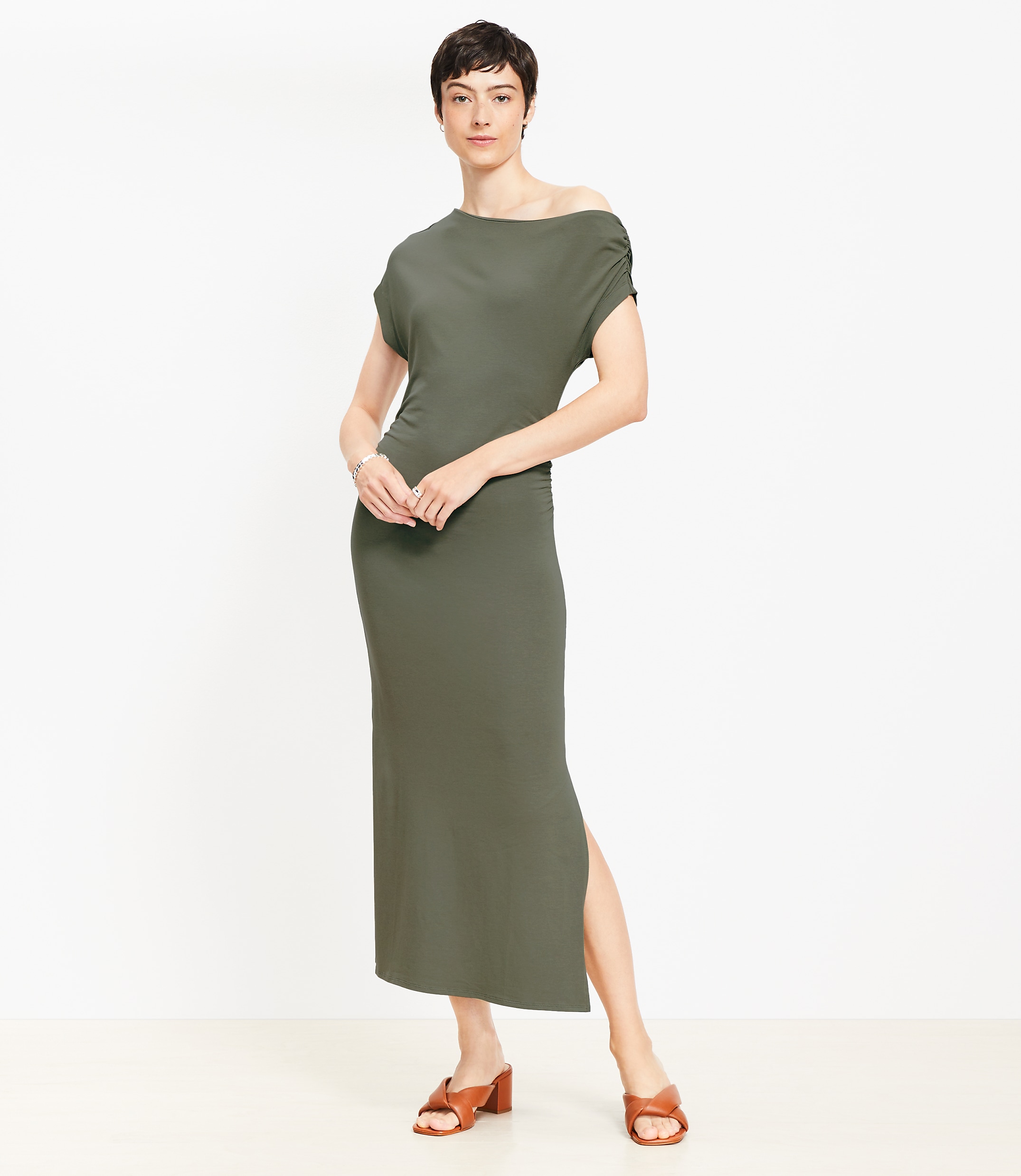 Asymmetrical Ruched Midi Dress