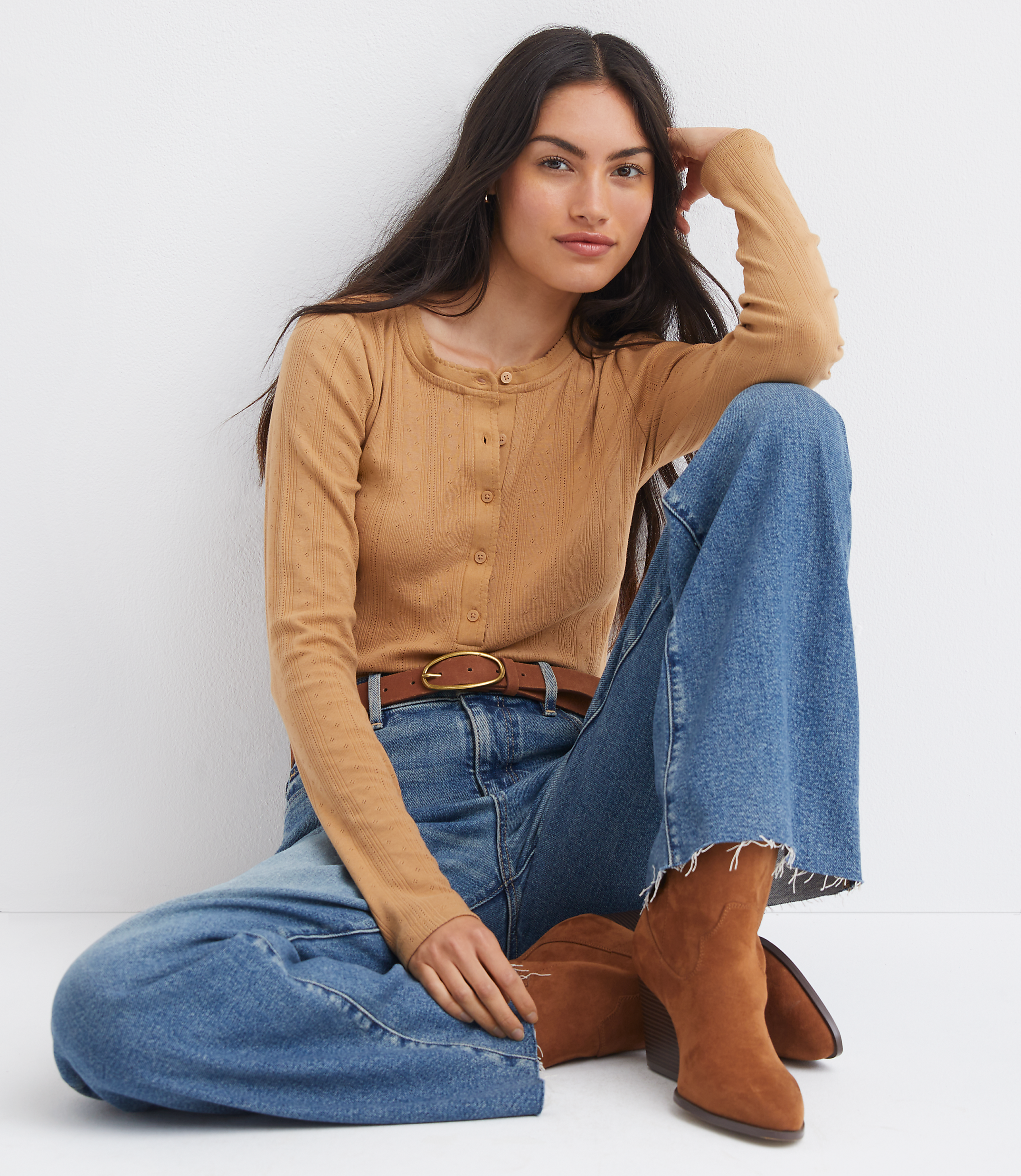 Scalloped Pointelle Henley Top